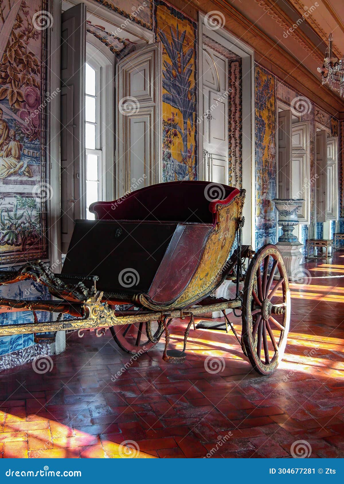 palacio nacional de queluz national palace. carriage chaise aka chay or shay in corredor das mangas ou dos azulejos