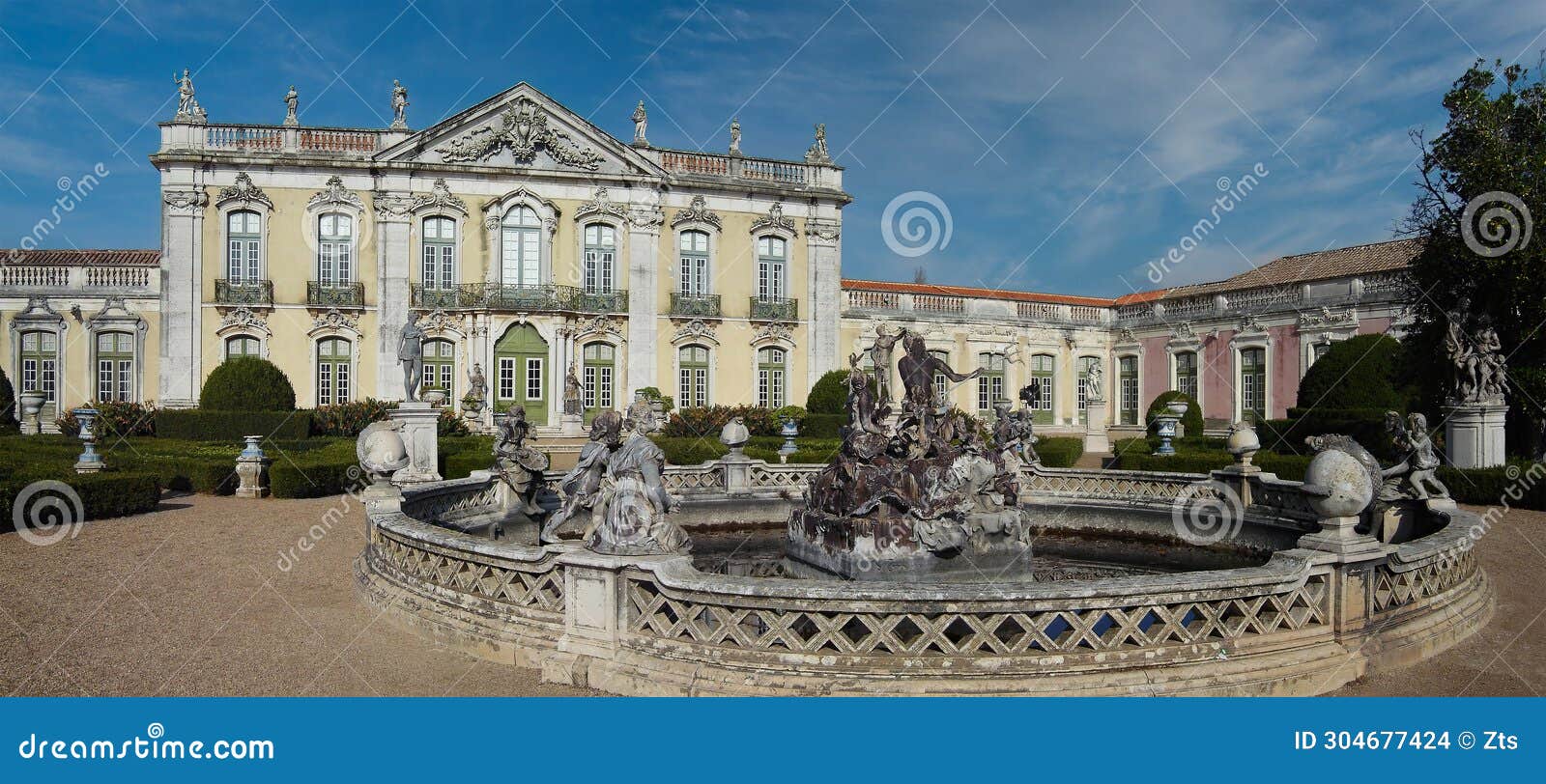 palacio nacional de queluz national palace. lago de neptuno aka neptune lake and fachada das cerimonias aka cerimonial facade.