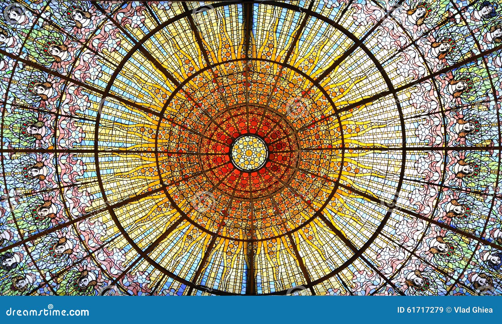 palau de la musica catalana skylight of stained glass, barcelona, spain