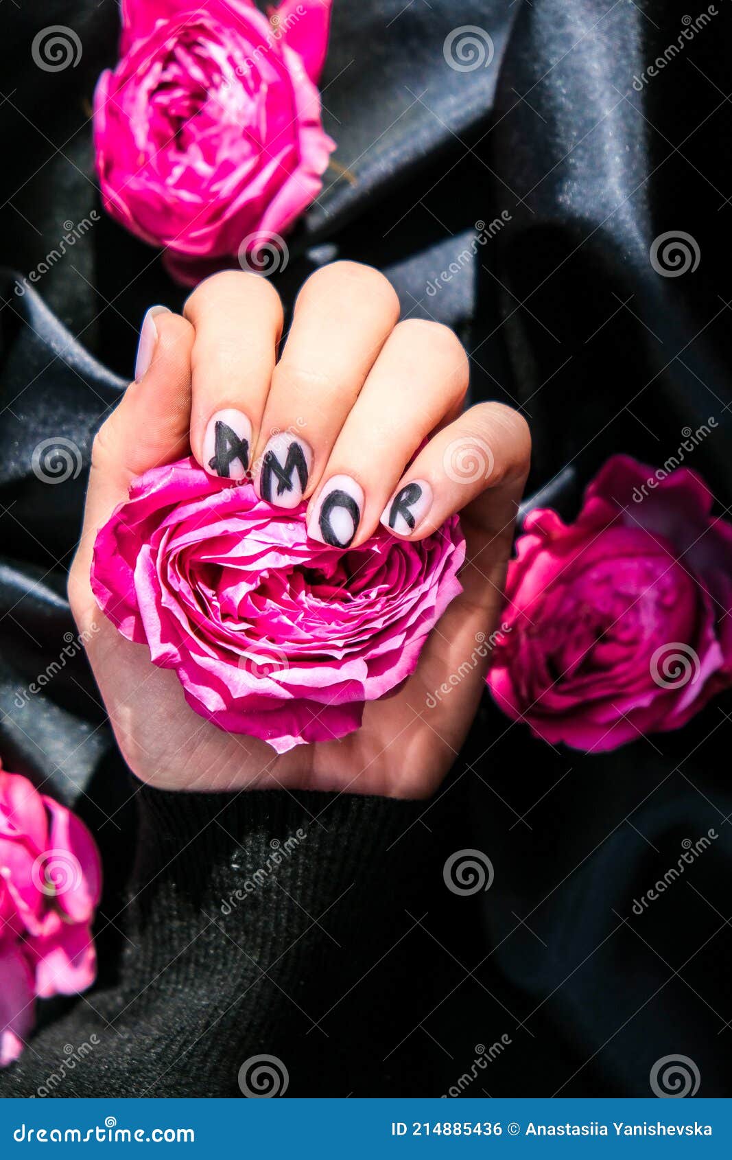 Palavra De Amor Nas Unhas Manicure Segura Rosa Flor Rosa Rosa No Tecido Da  Seda Preta. Natureza De Postura Plana Mínima. Mão Fêmea Foto de Stock -  Imagem de moderno, auto: 214885436