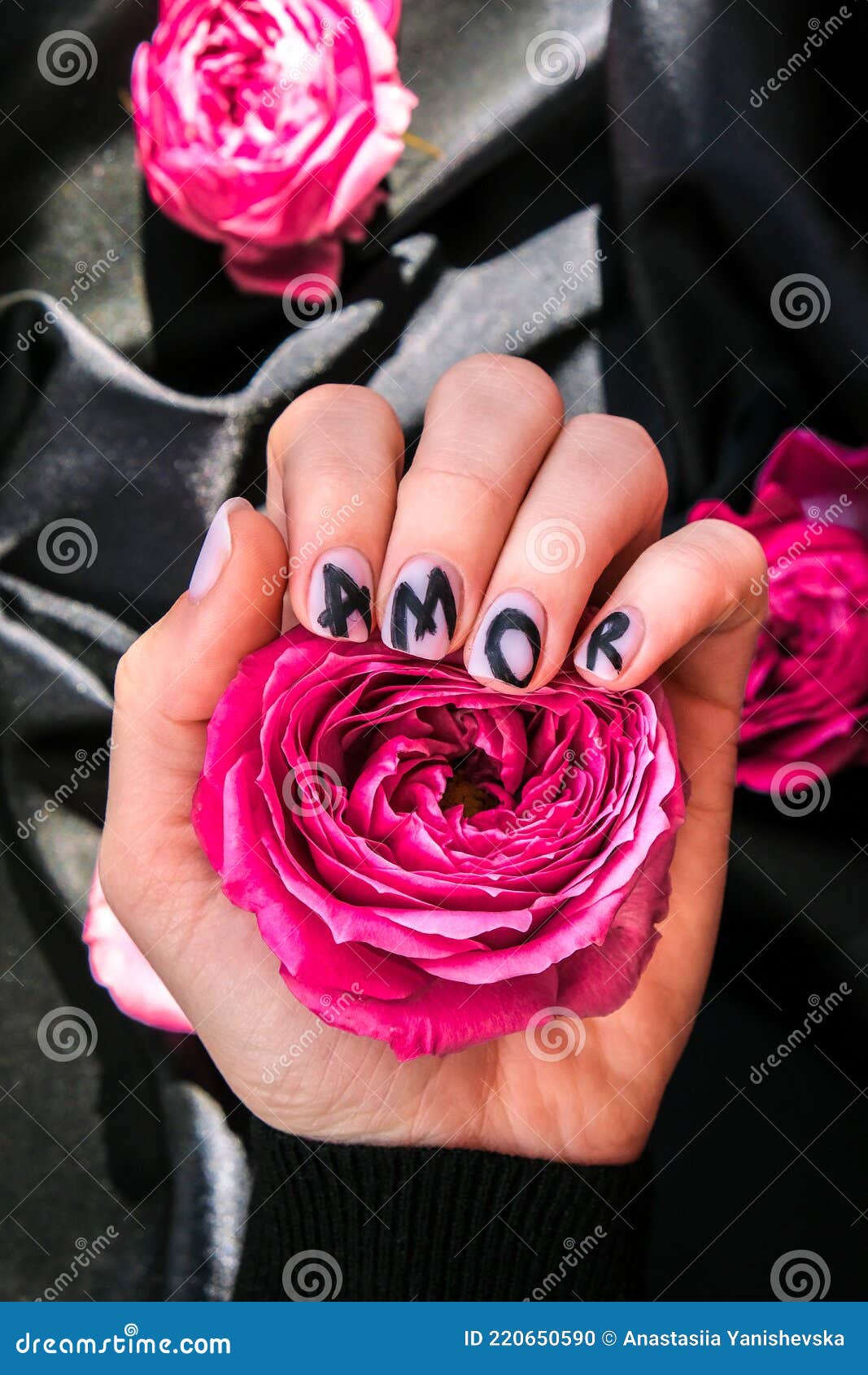 Palavra De Amor Nas Unhas Manicure Segura Rosa Flor Rosa Rosa No Tecido Da  Seda Preta. Natureza De Postura Plana Mínima. Mão Fêmea Foto de Stock -  Imagem de auto, lustrador: 220650590
