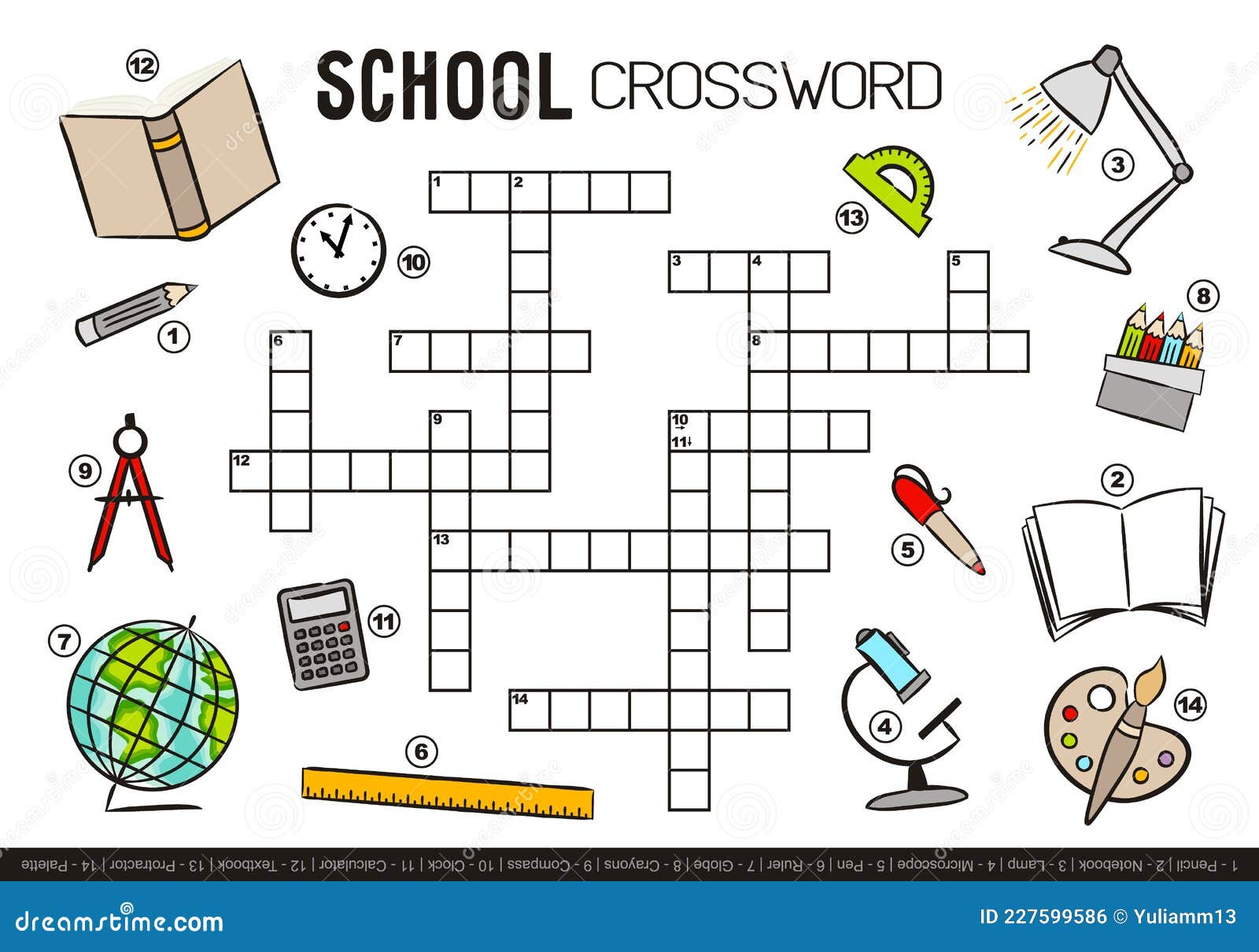 De volta às palavras cruzadas da escola para crianças quiz simples com  material escolar para crianças