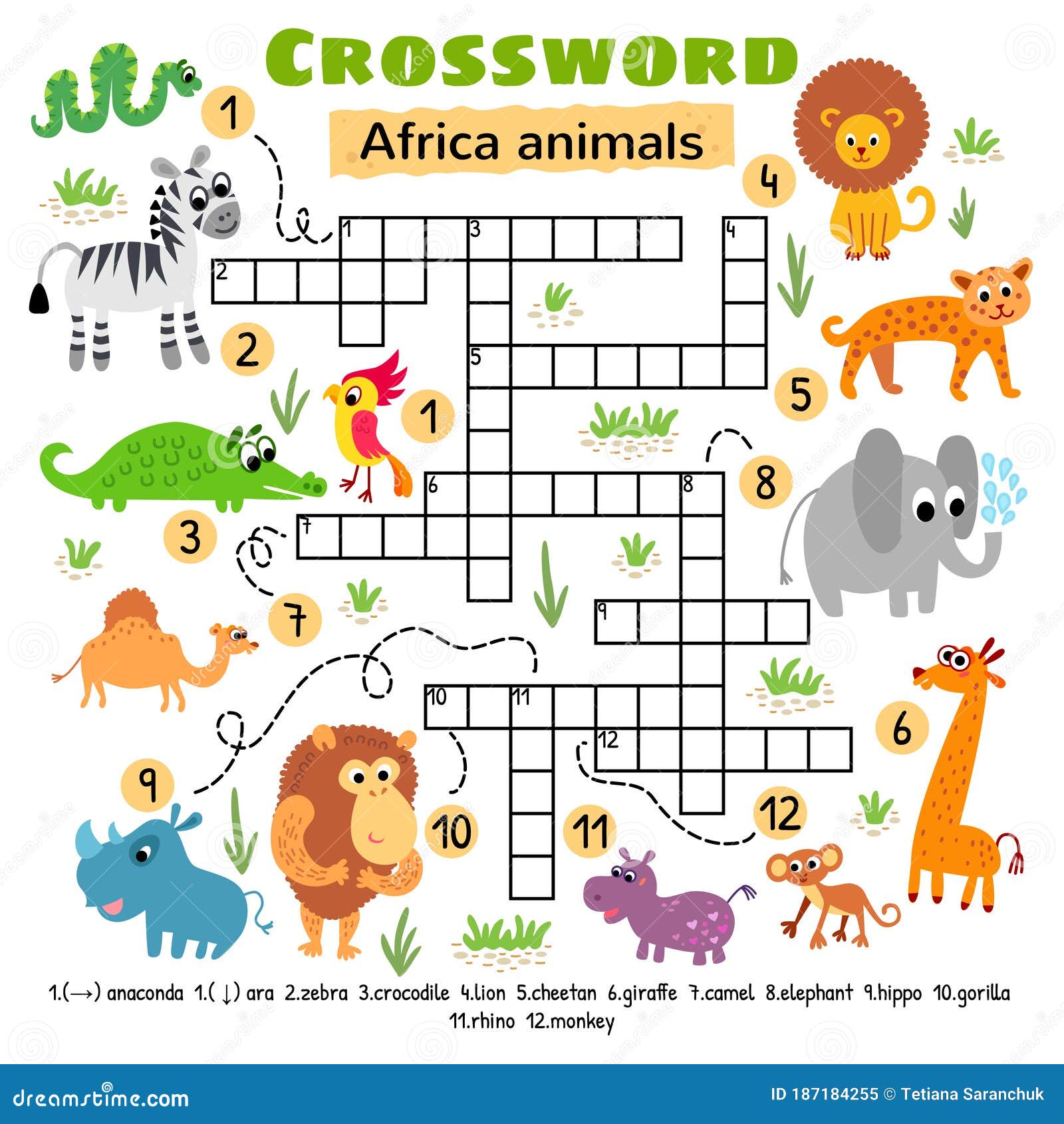 Palavras cruzadas com animais africanos jogos puzzle planilha