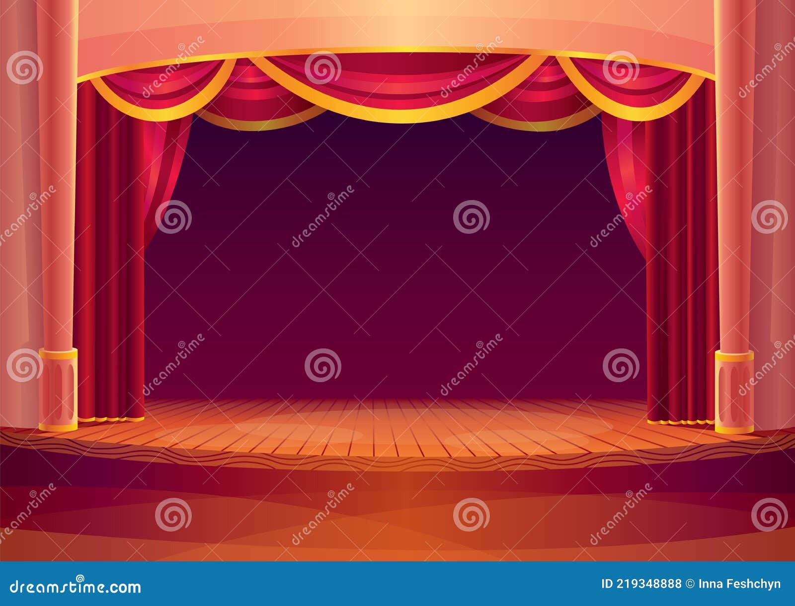 Cenário de palco de teatro. ilustração de desenho vetorial de cena de teatro  com decorações
