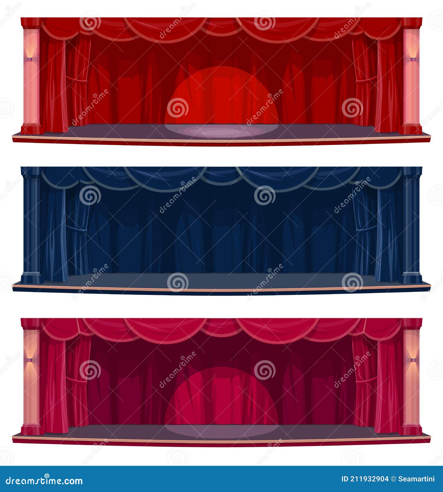 Palco de teatro com cortinas vermelhas e em luz. Desenho animado vetorial  ilustração do interior do