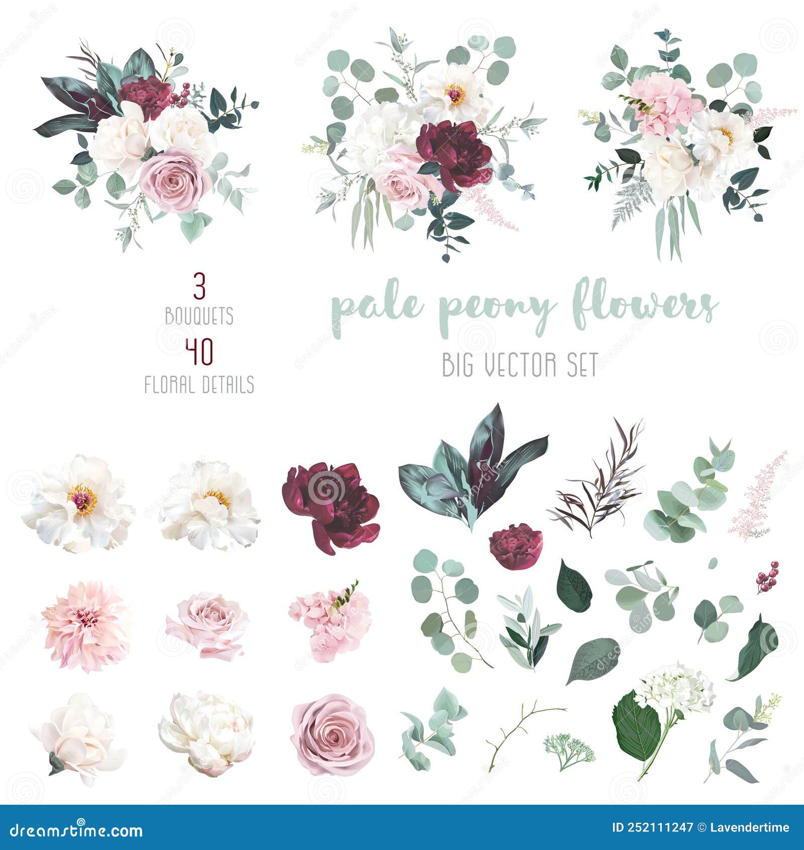 Dusty Pink, Pastel, Black Flowers Big Vector Design Set. Hydrangea