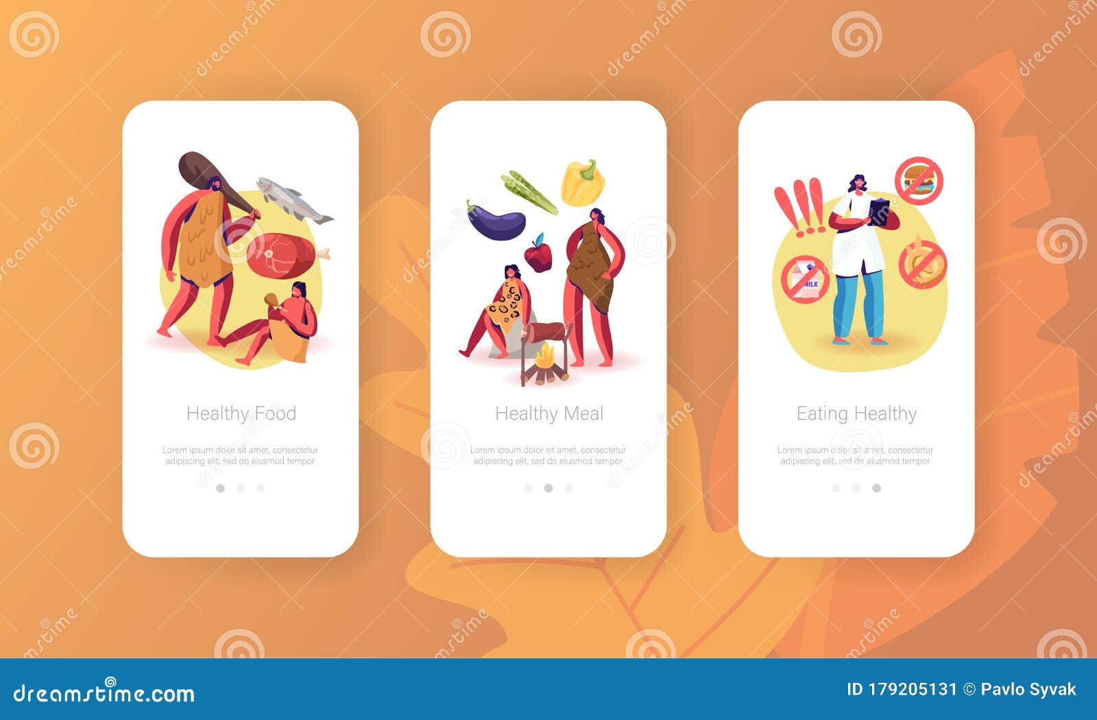 paleo diet mobile app page onboard screen template. dietary plan based on food similar to people eat at paleolithic era