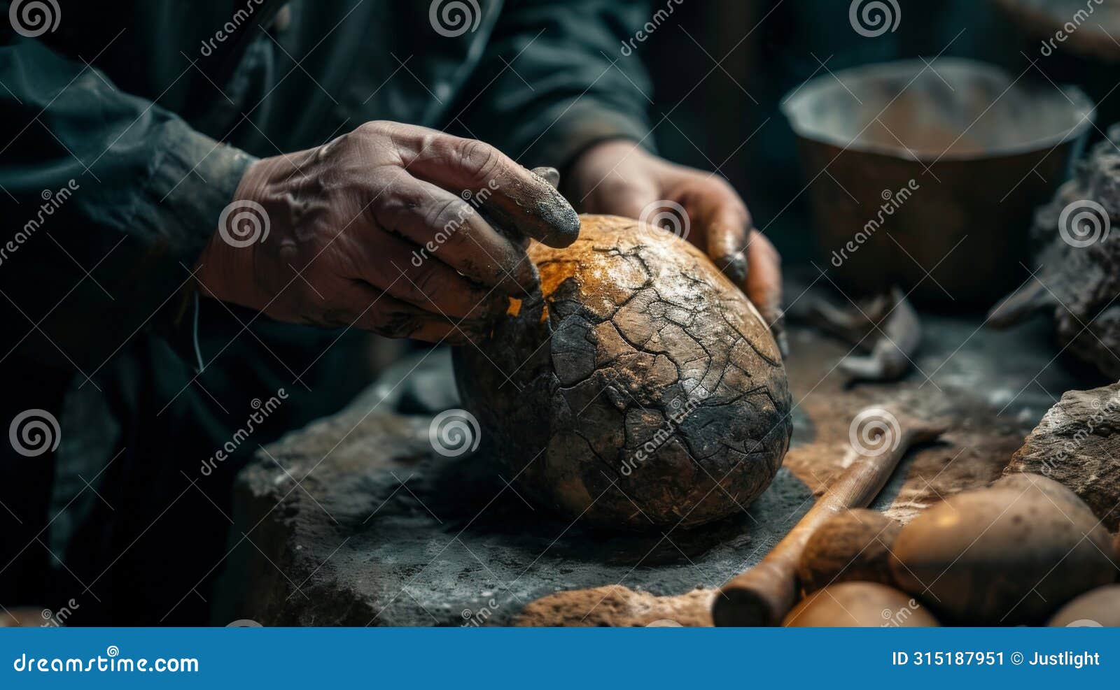 a paleontologist carefully cleaning and preserving a fossilized egg izing the commitment to conserving even the