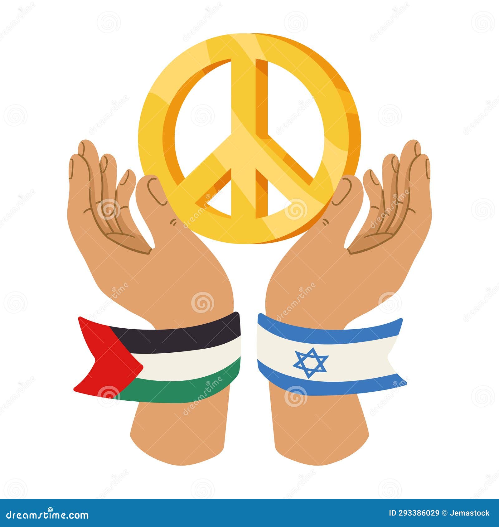 Palestine and Israel Flags in Hands with Peace Emblem Stock