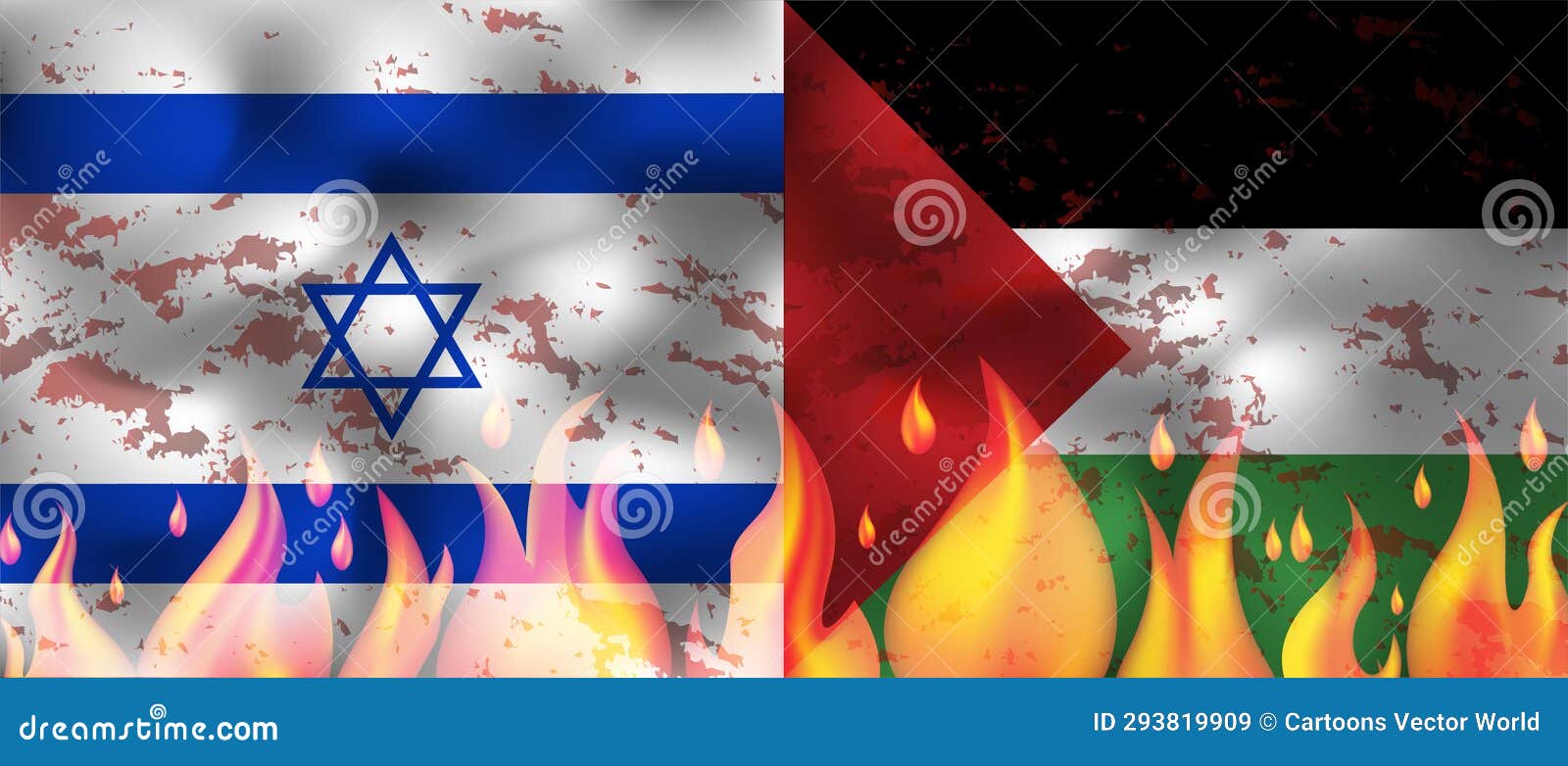 Palestine Vs Israel Flags with Realistic Fire, Vector Illustration
