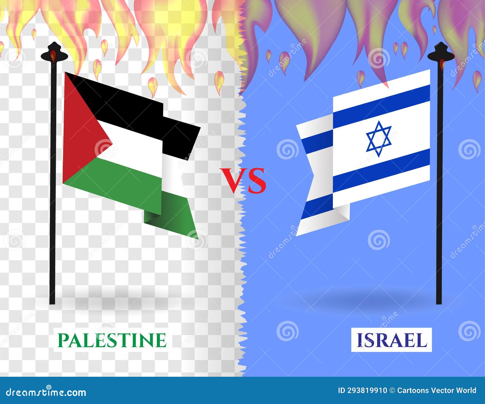 Palestine Vs Israel Flags War with Realistic Fire, Isolated on a
