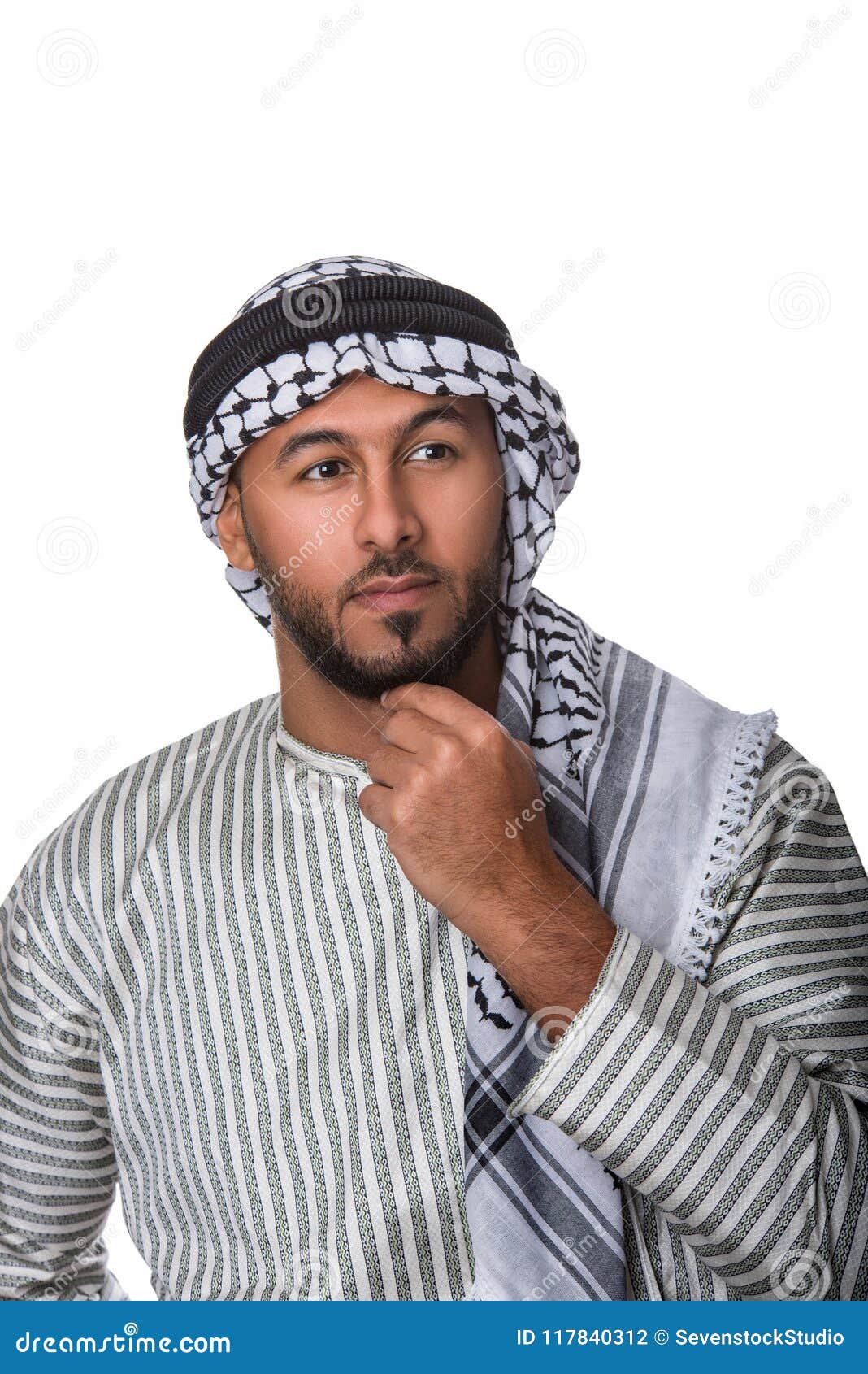 palestinian arab man in traditional costume and doing a thinking gesture