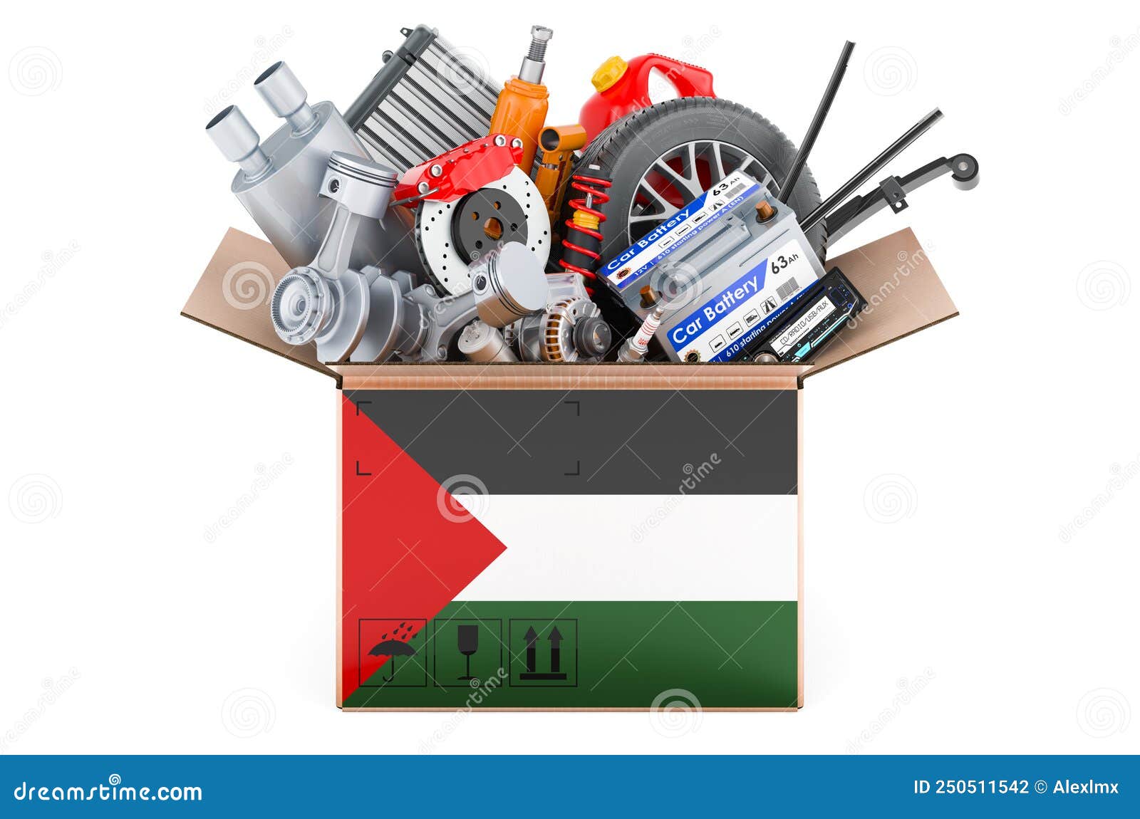 Palestinian Flag Painted on the Parcel with Car Parts. 3D
