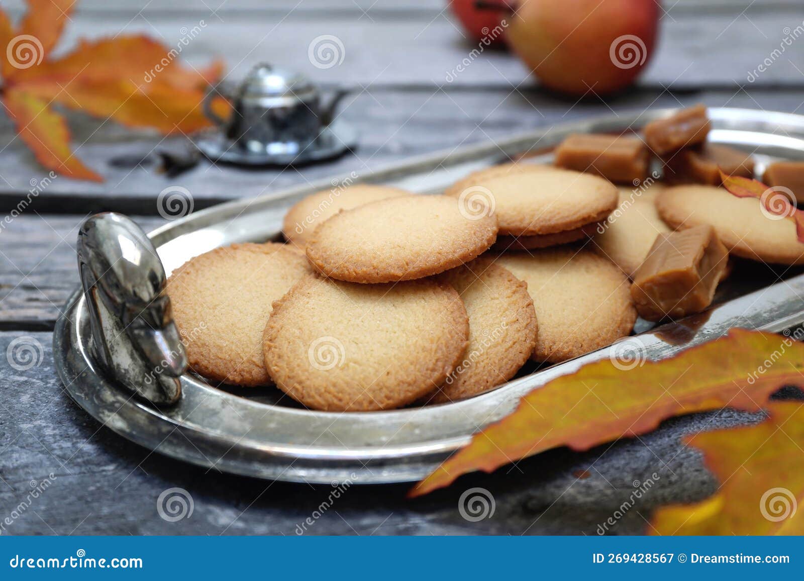 palets bretons, french cookies. salted caramel shortbread breton cookies and autumn leaves