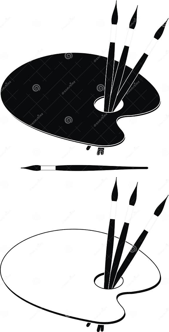 Palette (black and White) and Paint Brushes Stock Vector Illustration