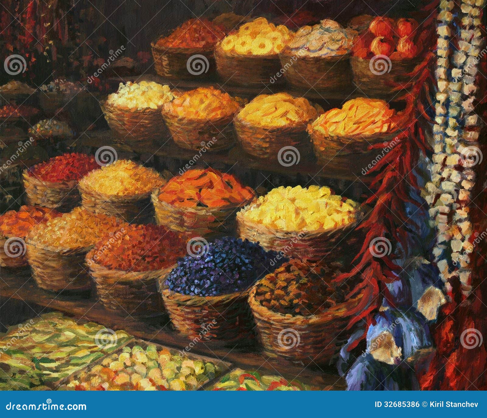 Palette de l'Orient. Une peinture à l'huile sur la toile d'un support coloré du marché dans l'Orient avec des fruits, des sucreries, des épices et des légumes sur l'affichage. Palette colorée des parfums, des couleurs vives et du remue-ménage joyeux à cet endroit magique.