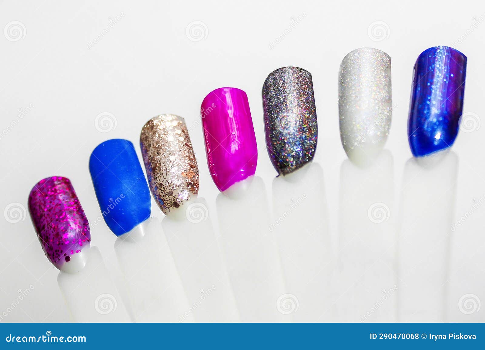 Palette of Nail Designs, Testers of Multicolored Polishes on Flat Nails