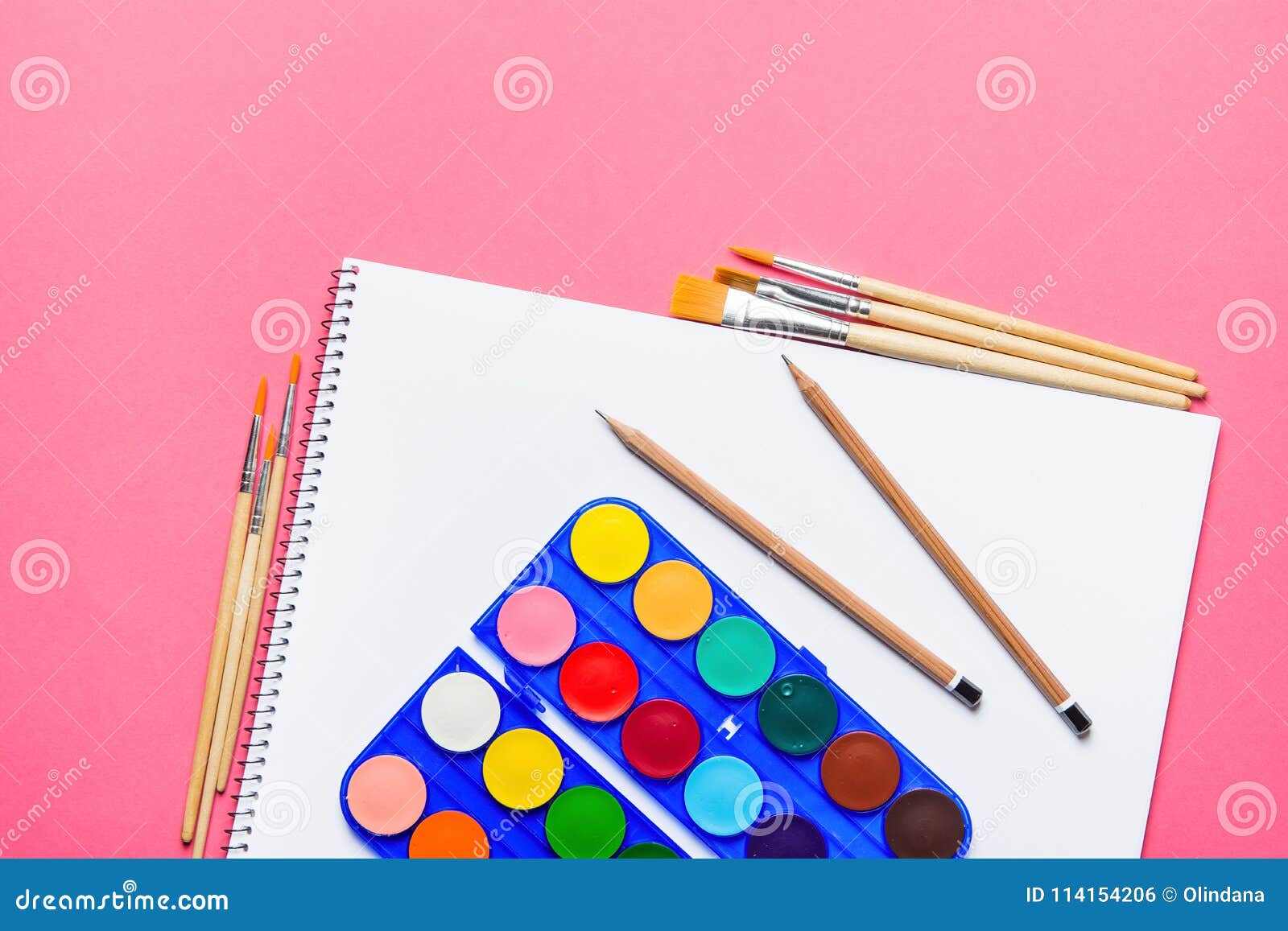 Palette with Rows of Multicolored Watercolor Paints Brushes Pencils  Sketchbook on Pink Background. Arts School Class Creativity Stock Photo -  Image of copy, abstract: 114154206