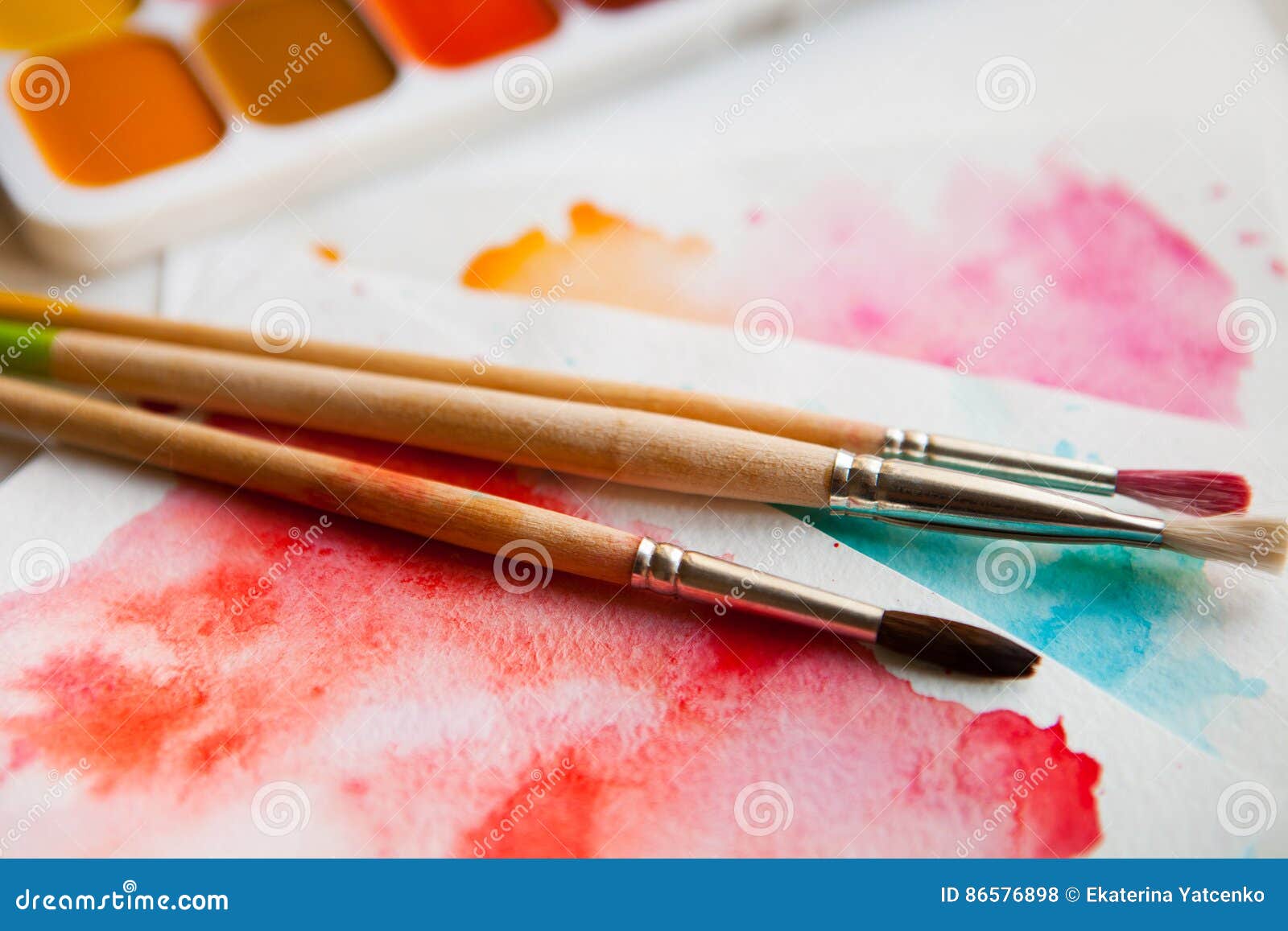 Palette of Watercolor Paints, Brushes and Paper for a Water Colo Stock ...