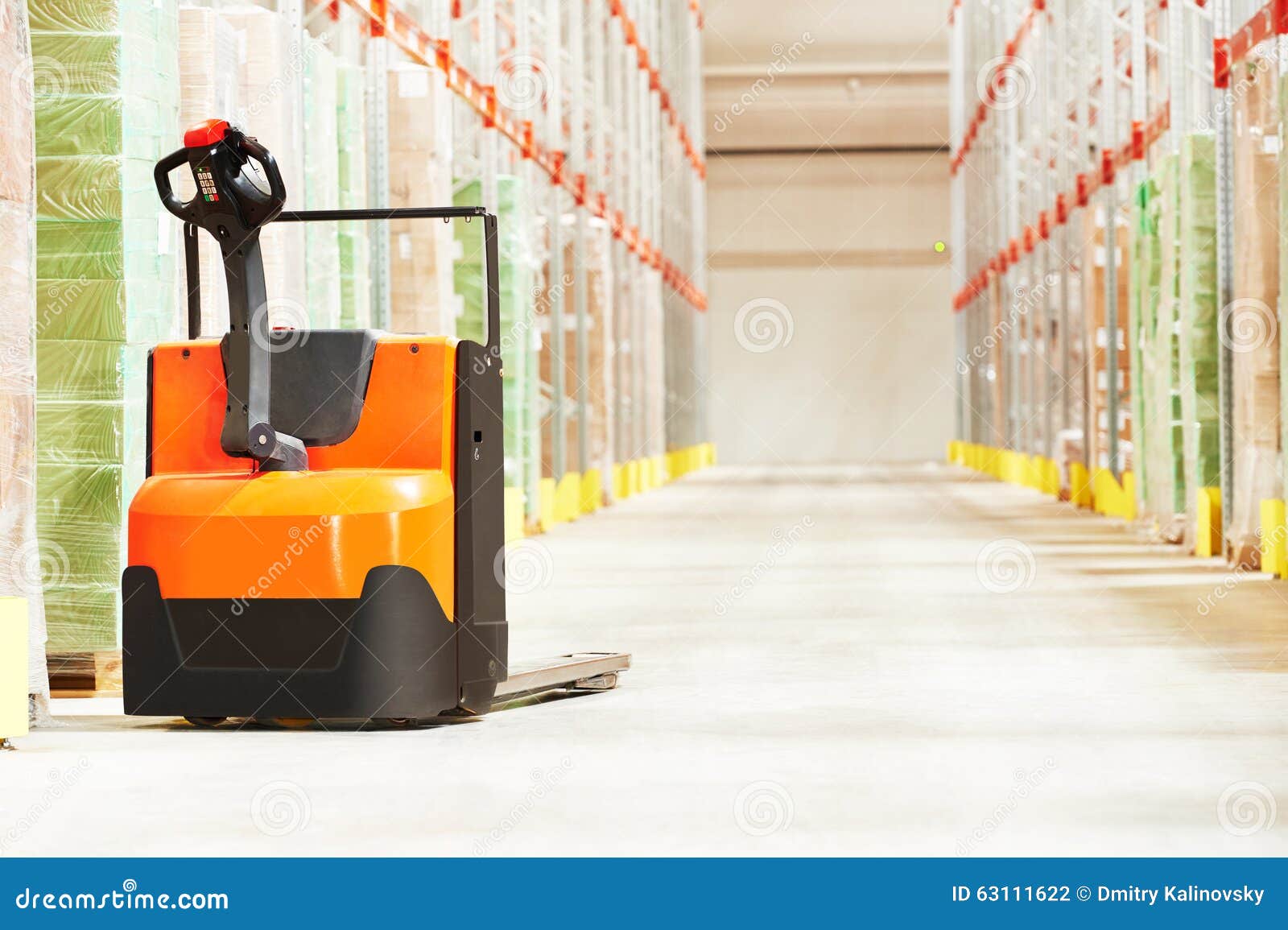 Pallet truck at warehouse stock photo. Image of place 63111622