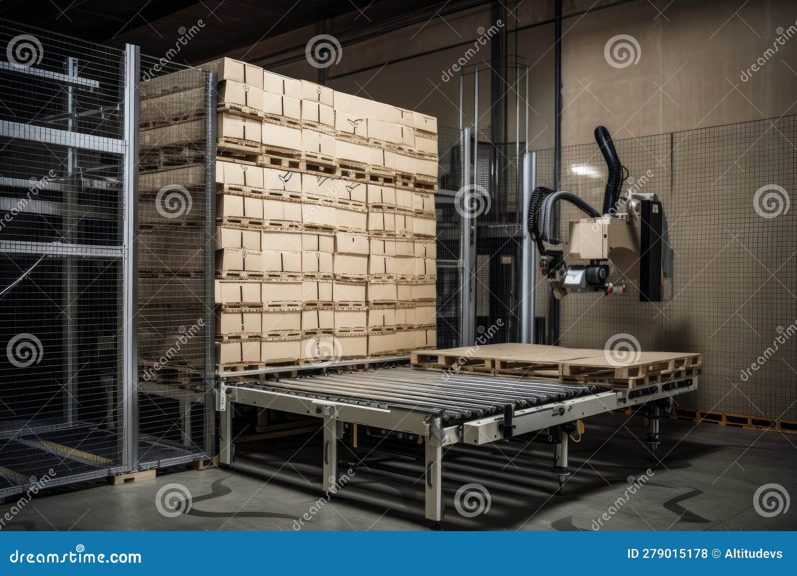 palletizer robot, with fully stacked and secured pallets, ready to be transported
