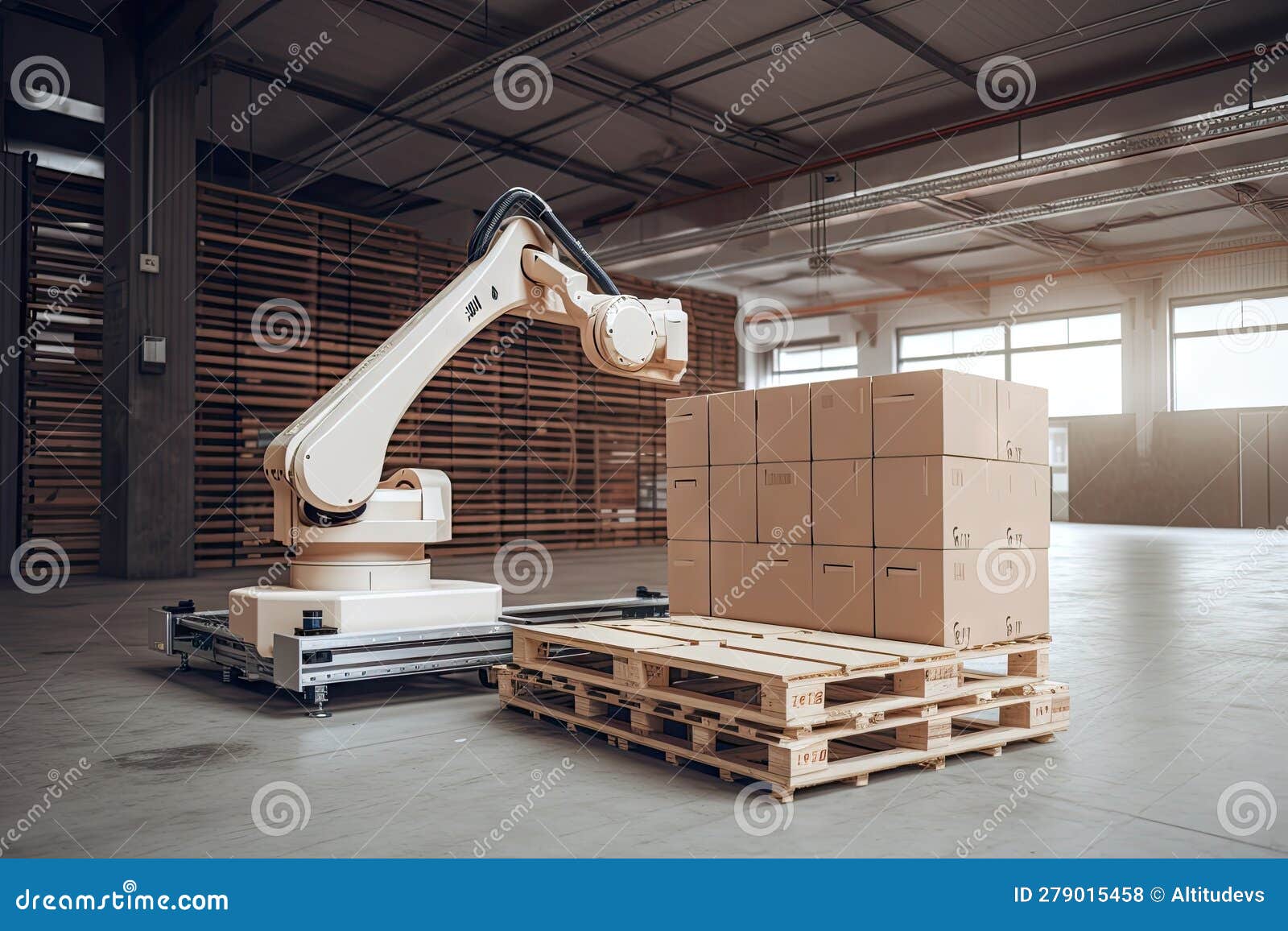 palletizer robot, lifting and moving pallets of different sizes