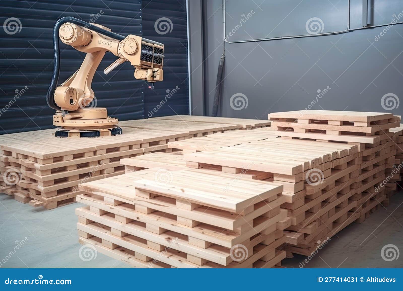 Palletizing Robot, Handling and Stacking Wooden Pallets in Warehouse