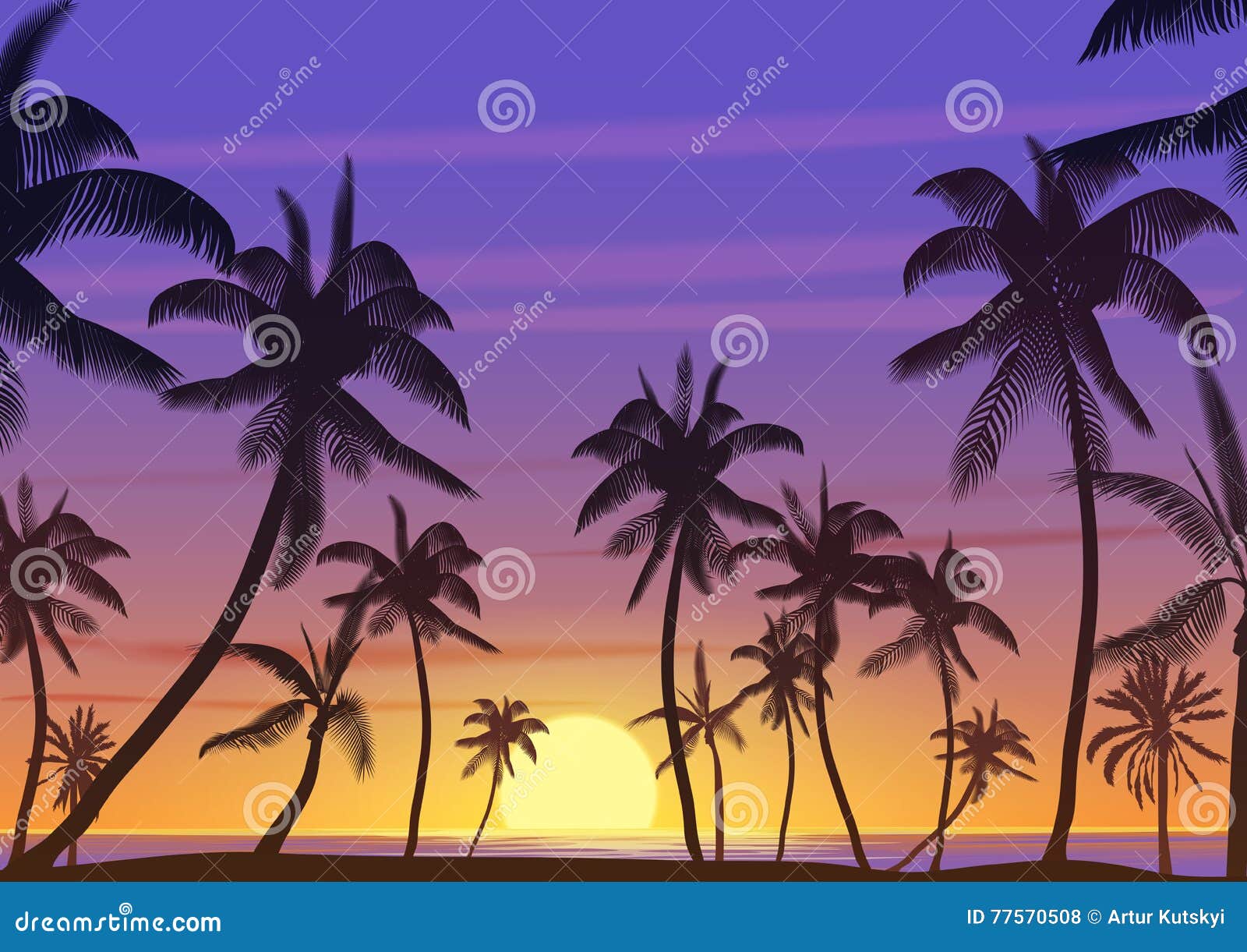 Palm Coconut Trees Silhouette at Sunset or Sunrise. Realistic Vector ...