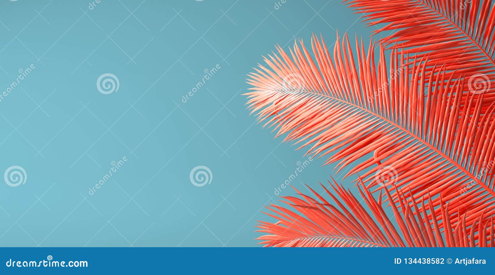 living coral color of the year 2019. background with palm in trendy color