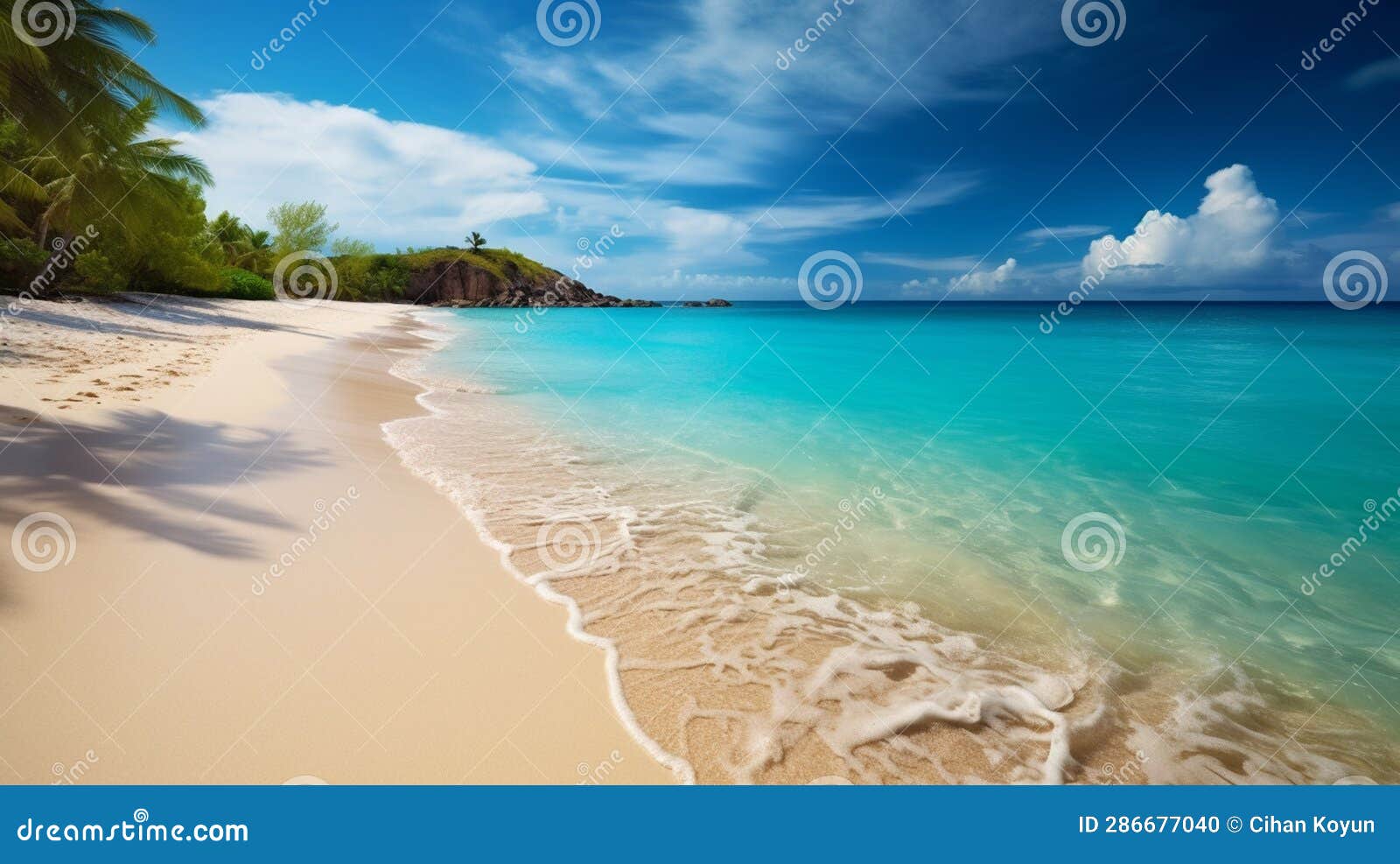 palm-dotted beach under radiant sun