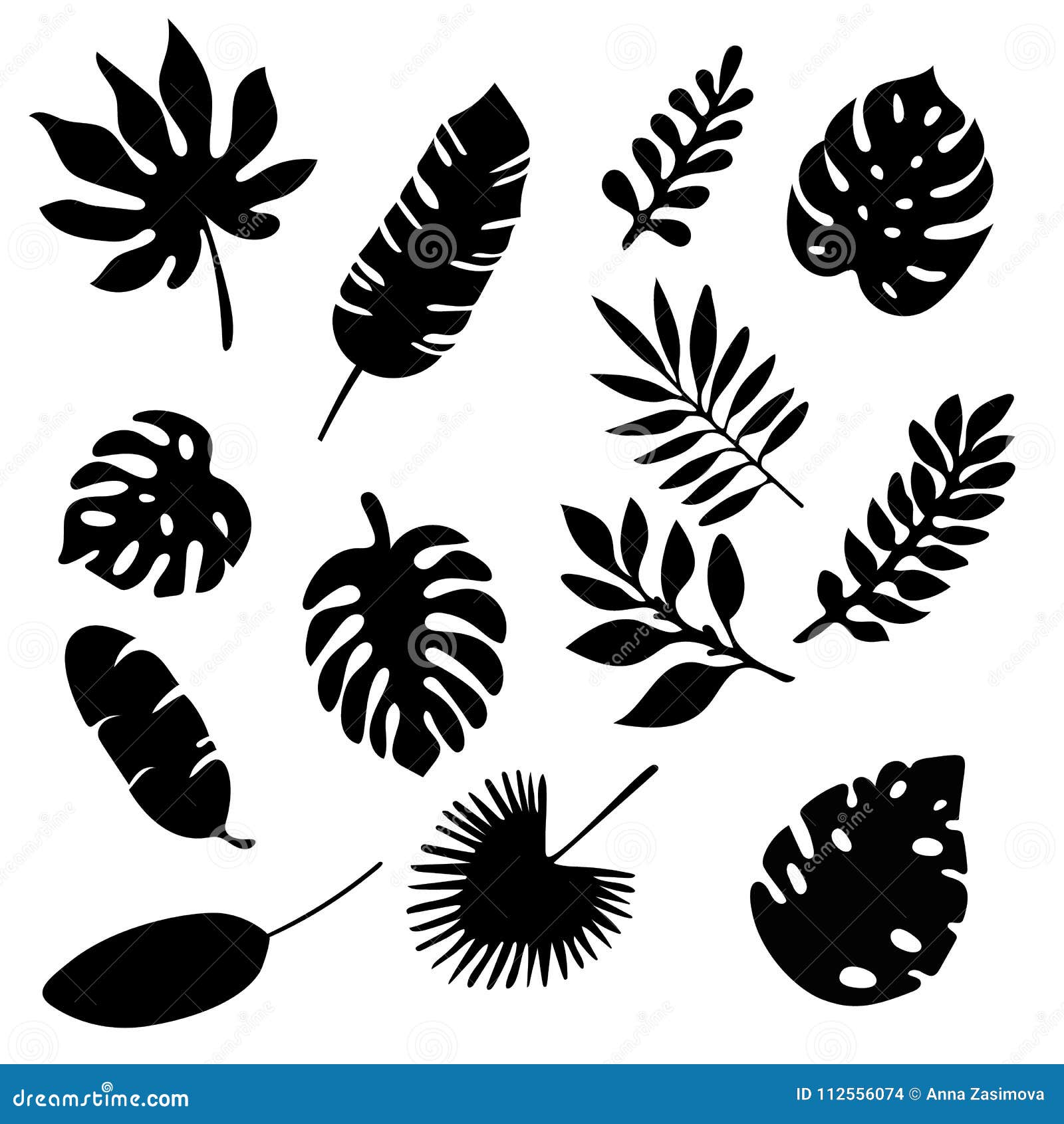 palm leaves silhouettes set  on white background. tropical leaf silhouette s set . palm, fan palm