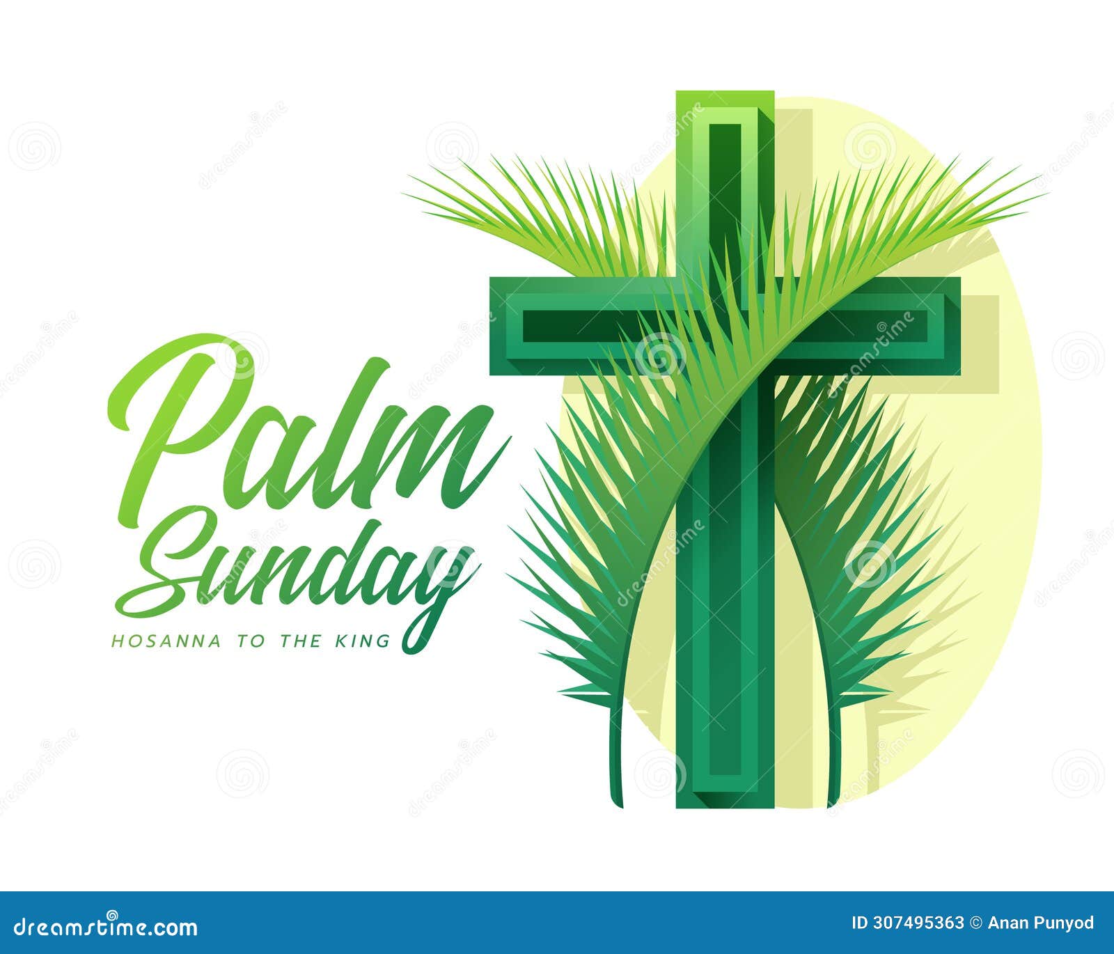 palm sunday, hosanna tothe king - two green palm leave cross green cross crucifix sign on oval background  