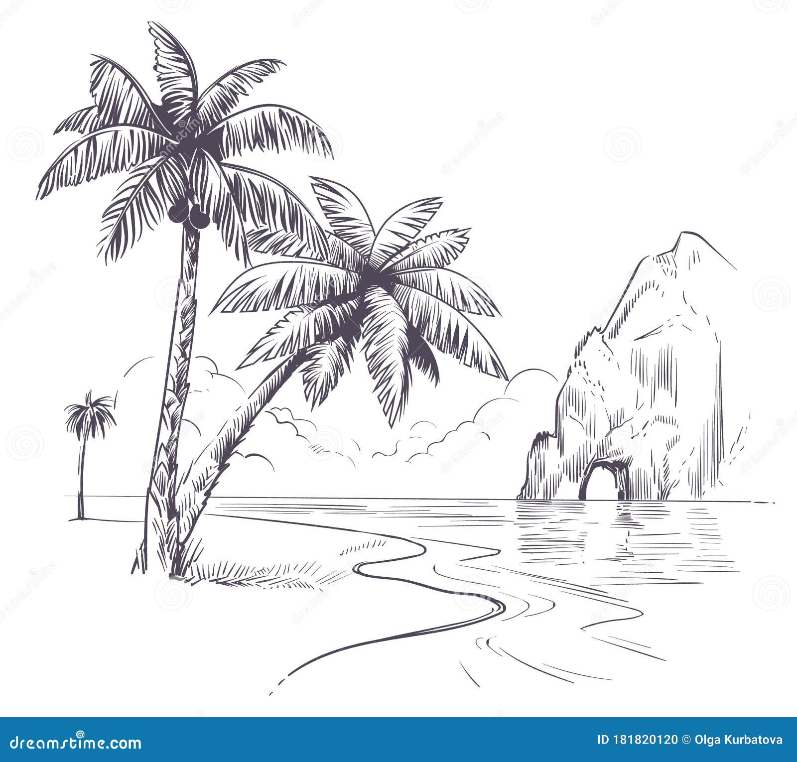 palm tree landscape. sketch tropical palms ocean coast, exotic island hawaii natura summer vacation poster hand drawn