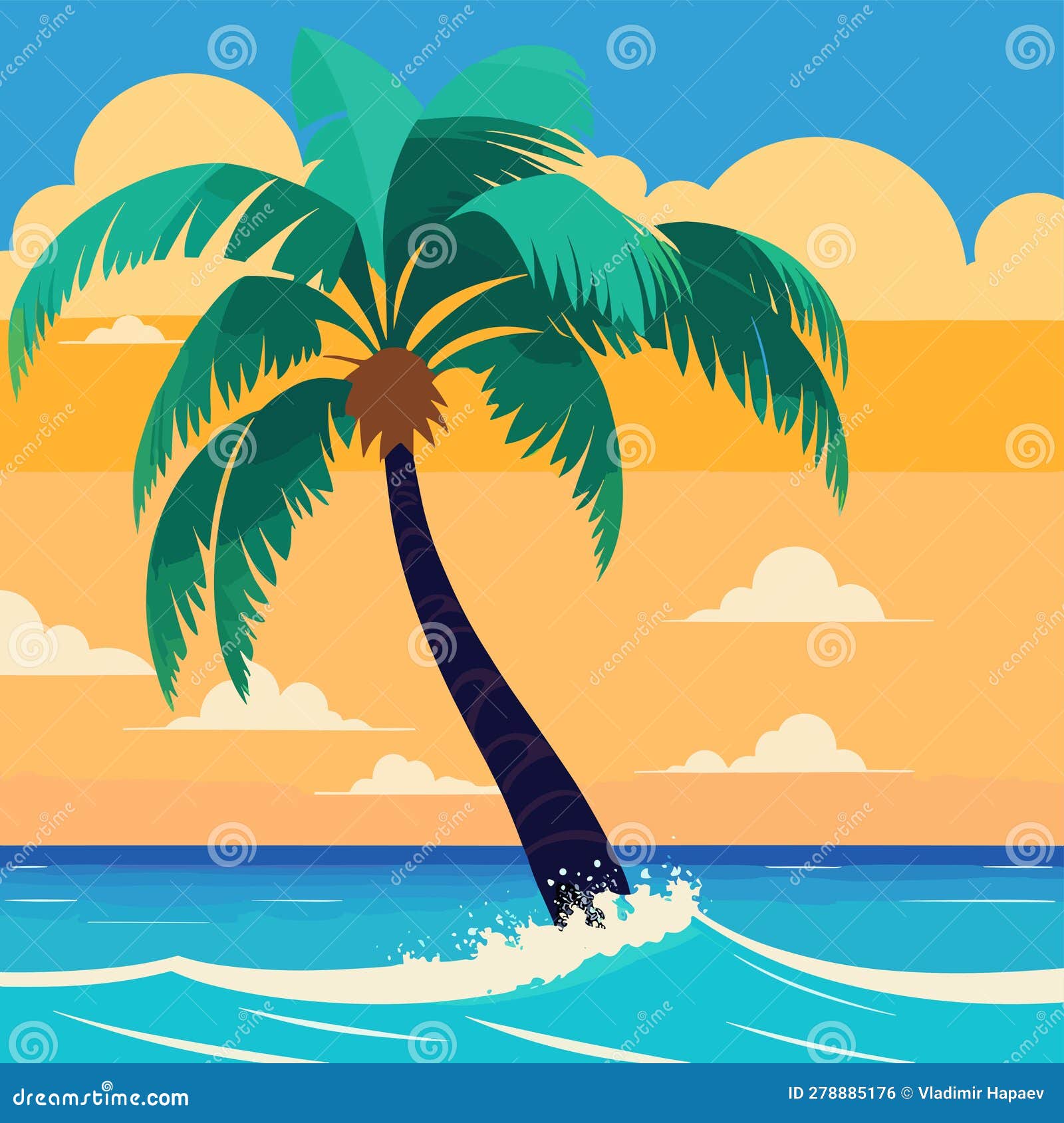 Palm Tree in the Ocean Vector Art Illustration Stock Vector