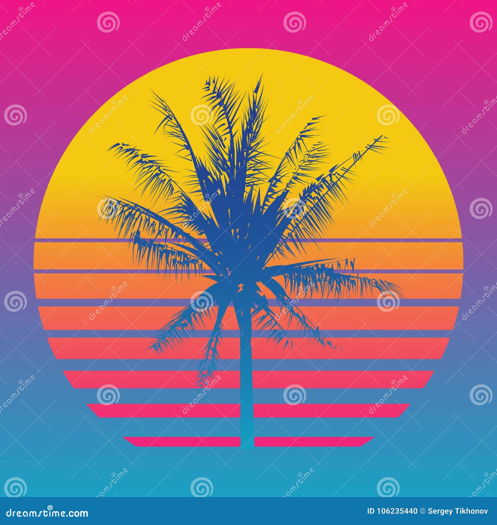 palm tree silhouettes on a gradient background sunset. style of the 80`s and 90`s, web-punk, vaporwave, kitsch.