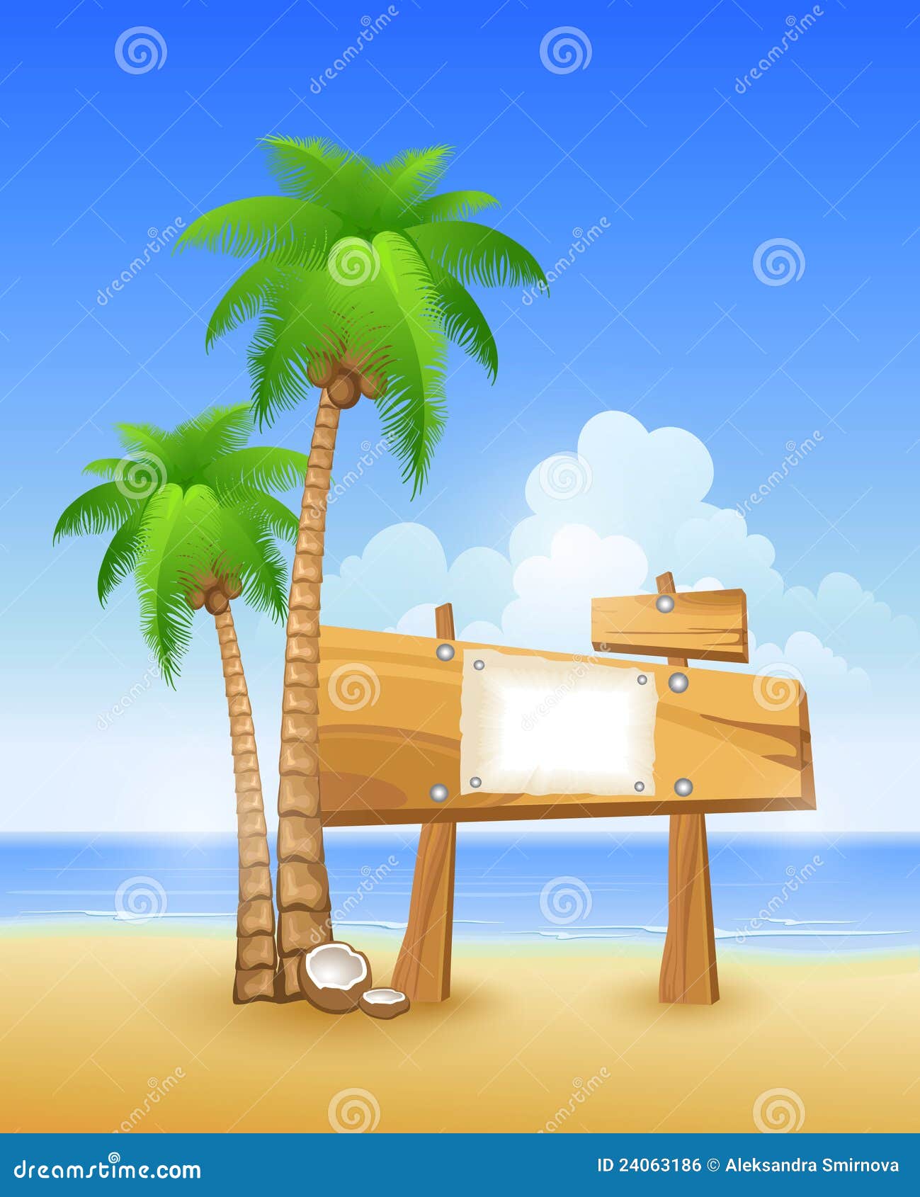 Palm Tree and Wooden Sign on a Beach Stock Vector Illustration of