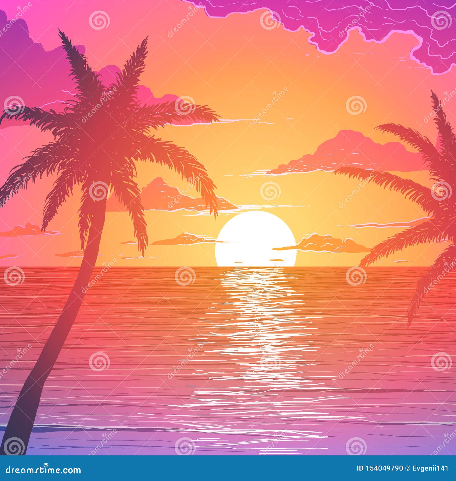 Palm Trees on Ocean Shore at Sunset Stock Illustration - Illustration ...