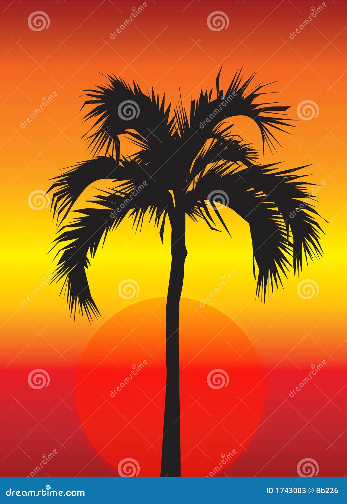 Palmeira no por do sol. Uma ilustração brilhante, colorida do por do sol com a silhueta de uma palmeira tropical no meio.