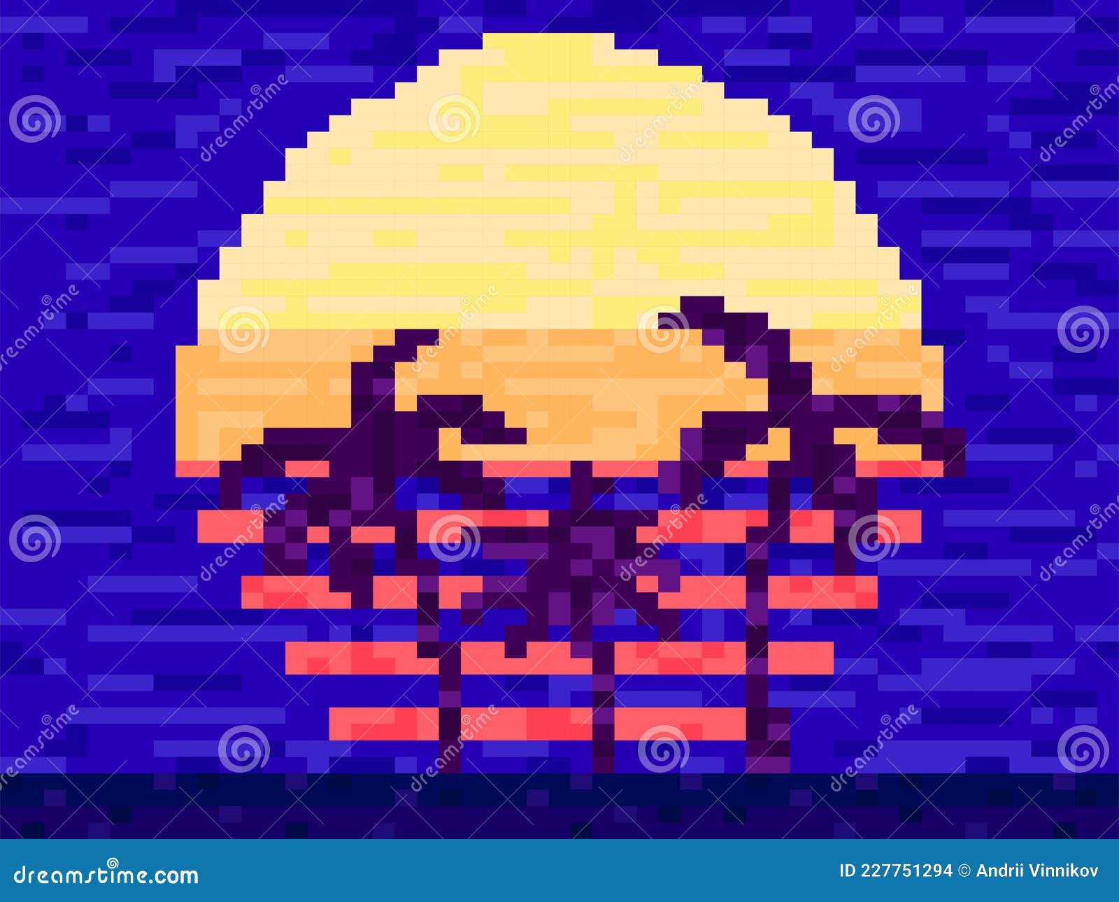 Palmeiras De Arte Em Pixel No Pôr Do Sol No Estilo 80s, Onda Solar