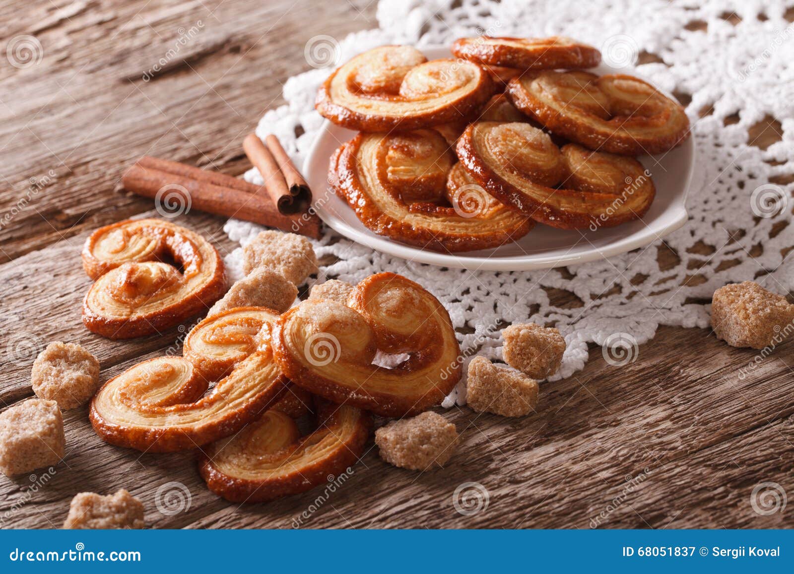 palmiers biscuits with sugar and cinnamon close-up, horizontal