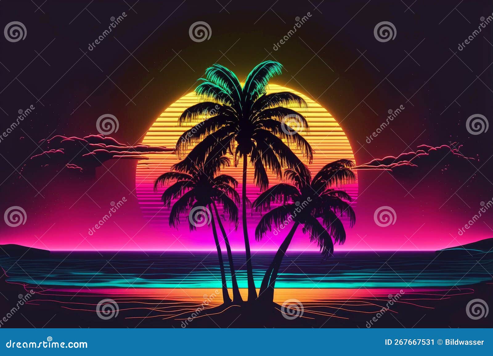 Palms in Sunset with Neon Rays. Neon Palm Tree Sunset Stock ...