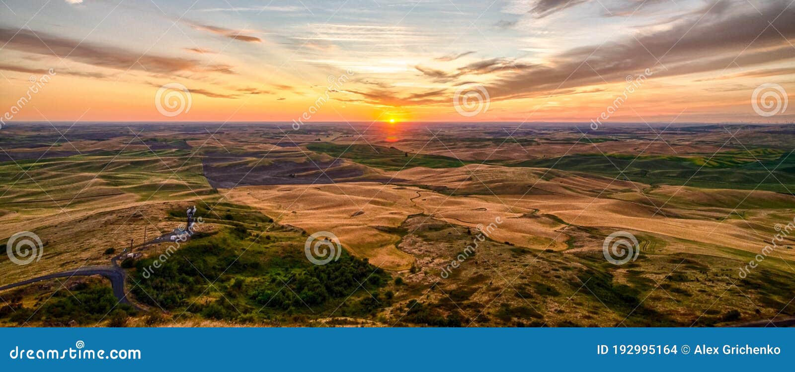 Palouse Fields And Farms At Sunset Landscape From Steptoe Butte Stock