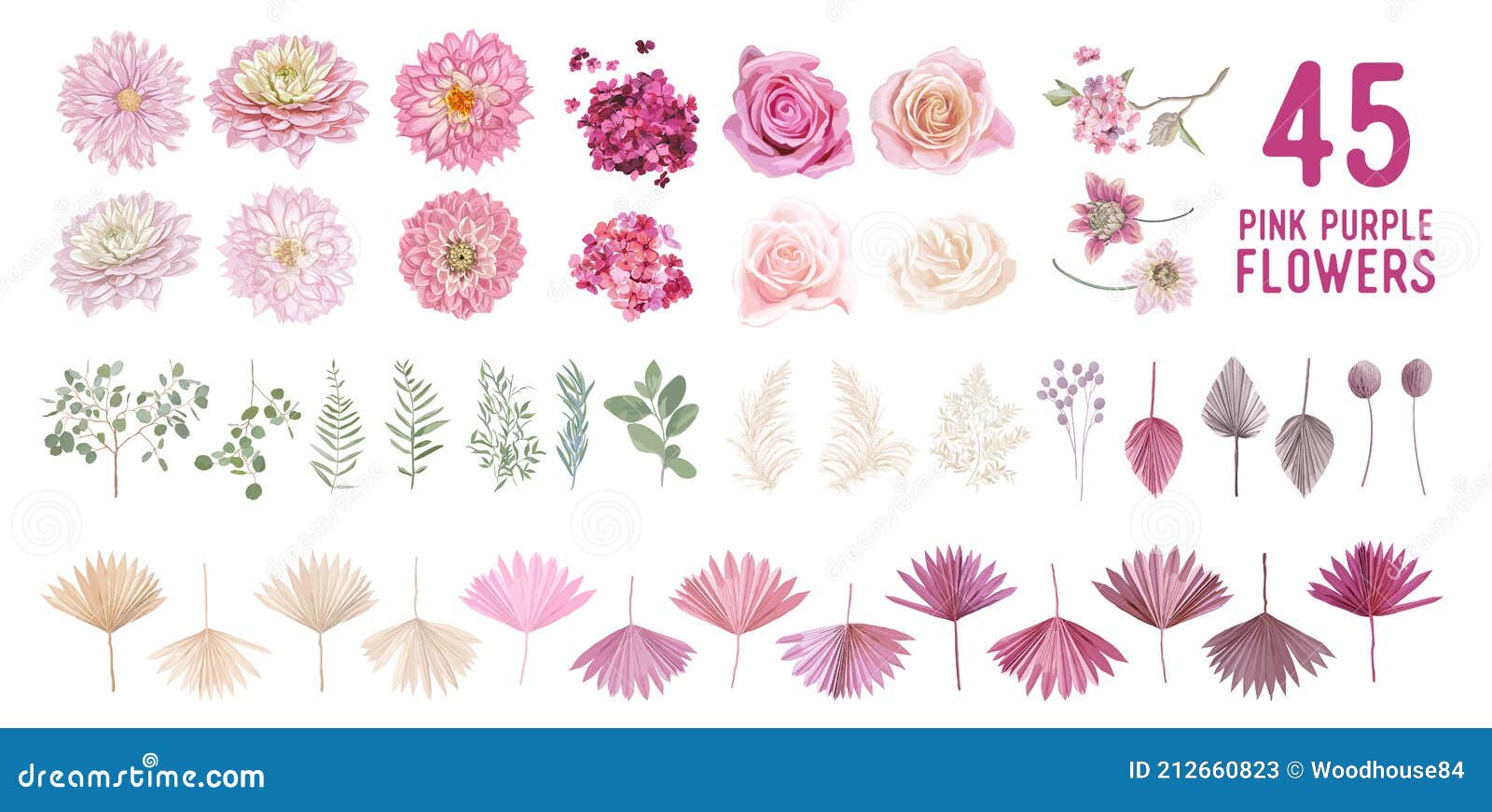 Pampa Séchée Herbe Dahlia Rose Fleurs Feuilles De Palmier Tropical Bouquets  Vecteurs. Aquarelle Pastel Floral Illustration de Vecteur - Illustration du  moderne, bouquet: 212660823