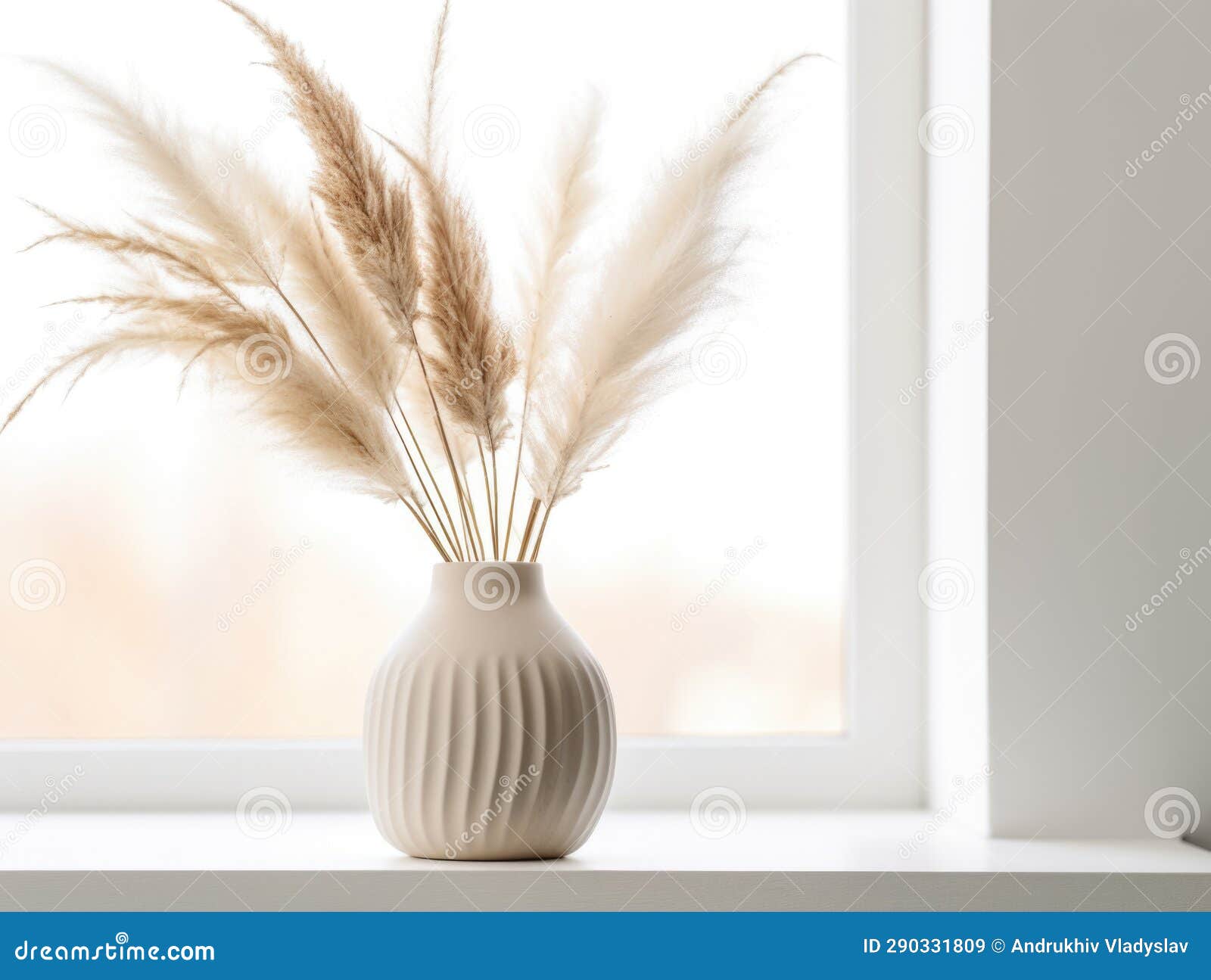 Pampas Grass in Decorative Ceramic Vase on Table Against Blurred Window and White Wall with