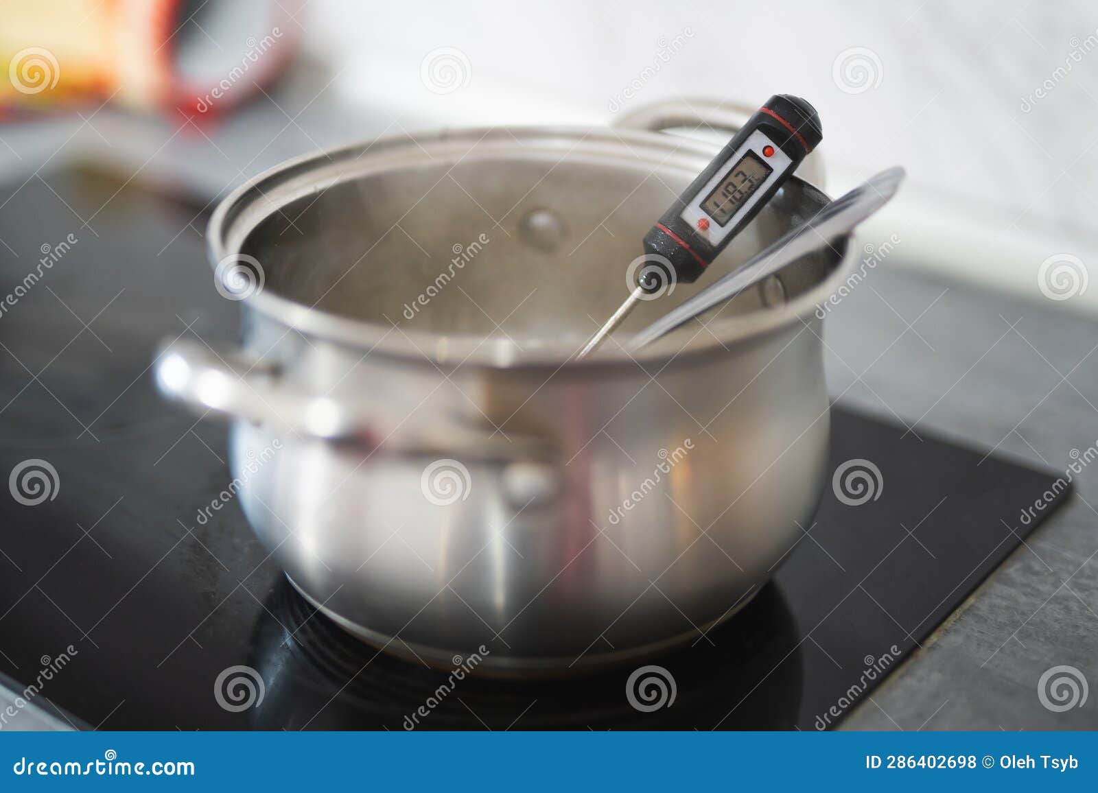 A Pan on an Electric Stove and a Thermometer Measures the Temperature