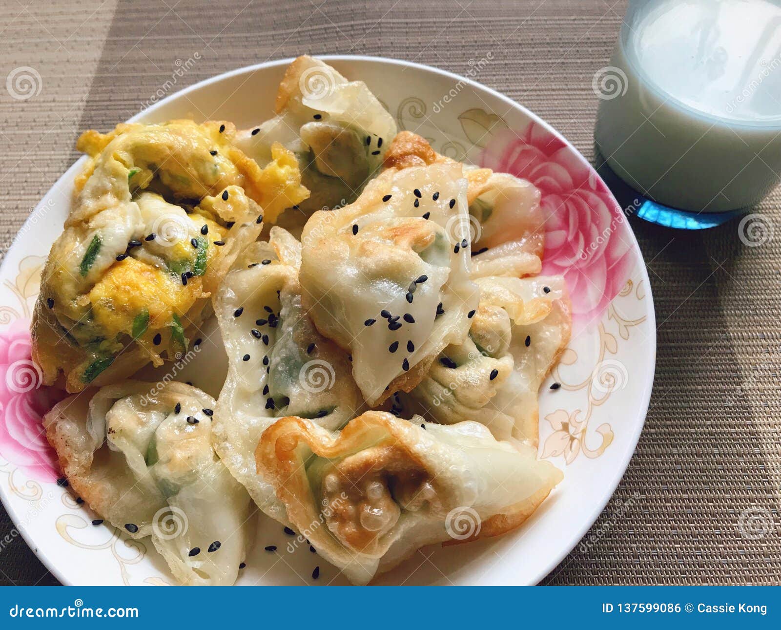 Pan Fried Dumplings and Egg with Milk Stock Photo Image of chinese