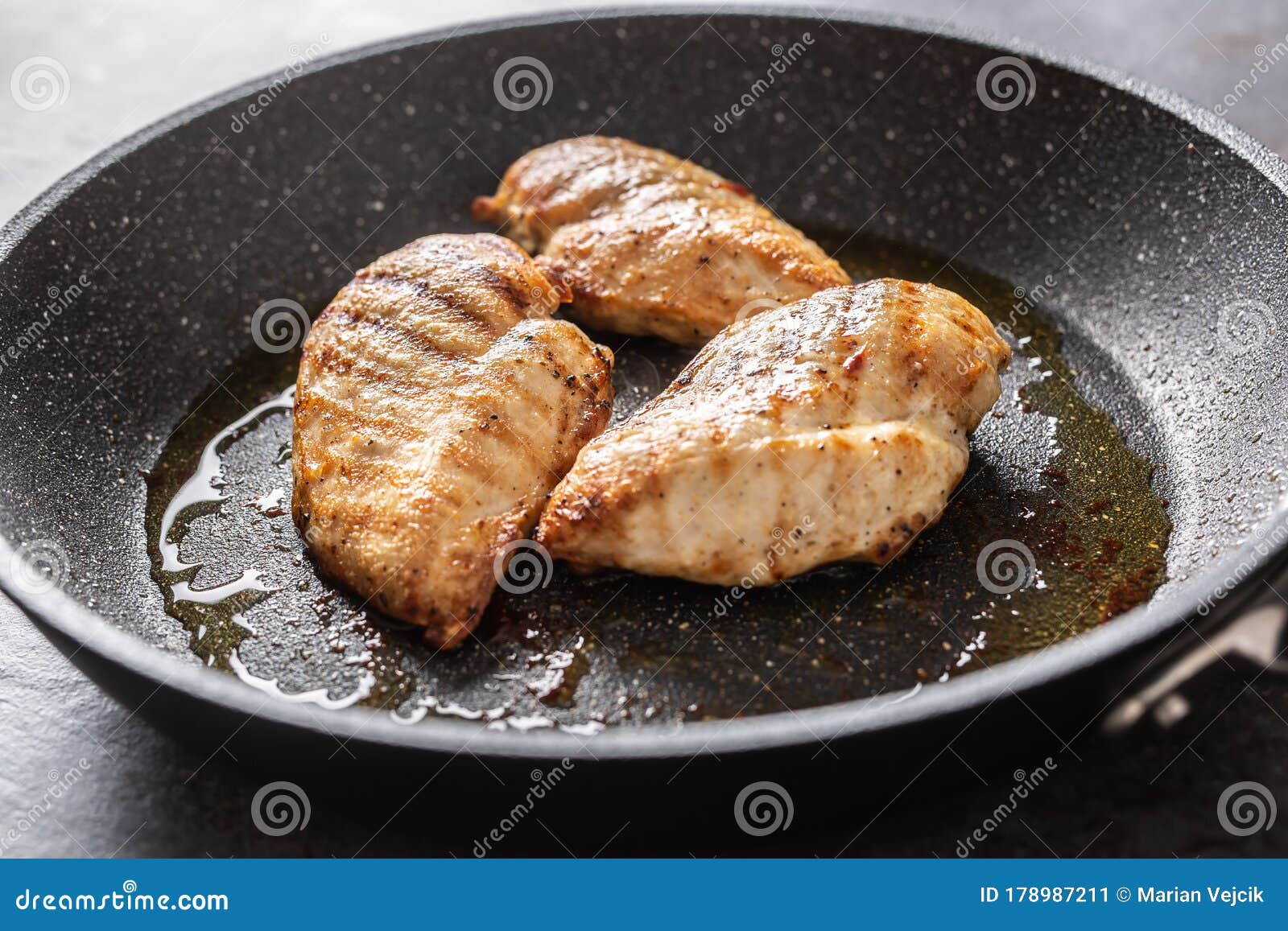 Panfried Juicy Chicken Breasts on a Dark Pan Stock Image Image of