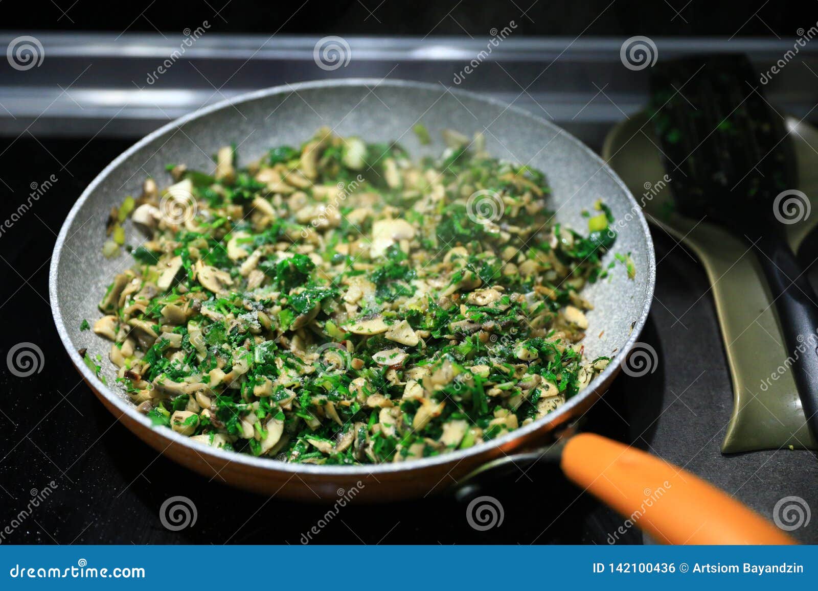 Panfried Mushrooms with Greens Stock Photo Image of broccoli, cook