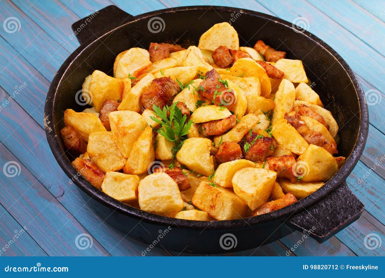 Panfried Potato, Eggs and Meat. Stock Photo Image of meal, fast