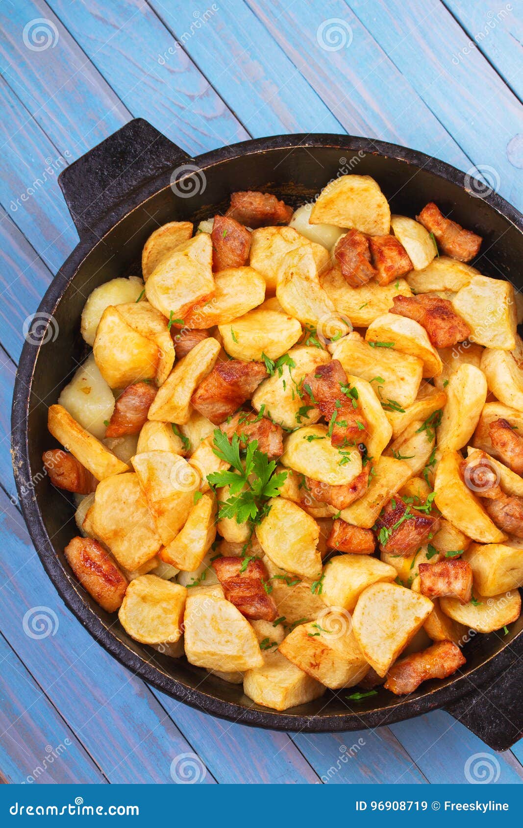 Panfried potato and meat. stock image. Image of dish 96908719